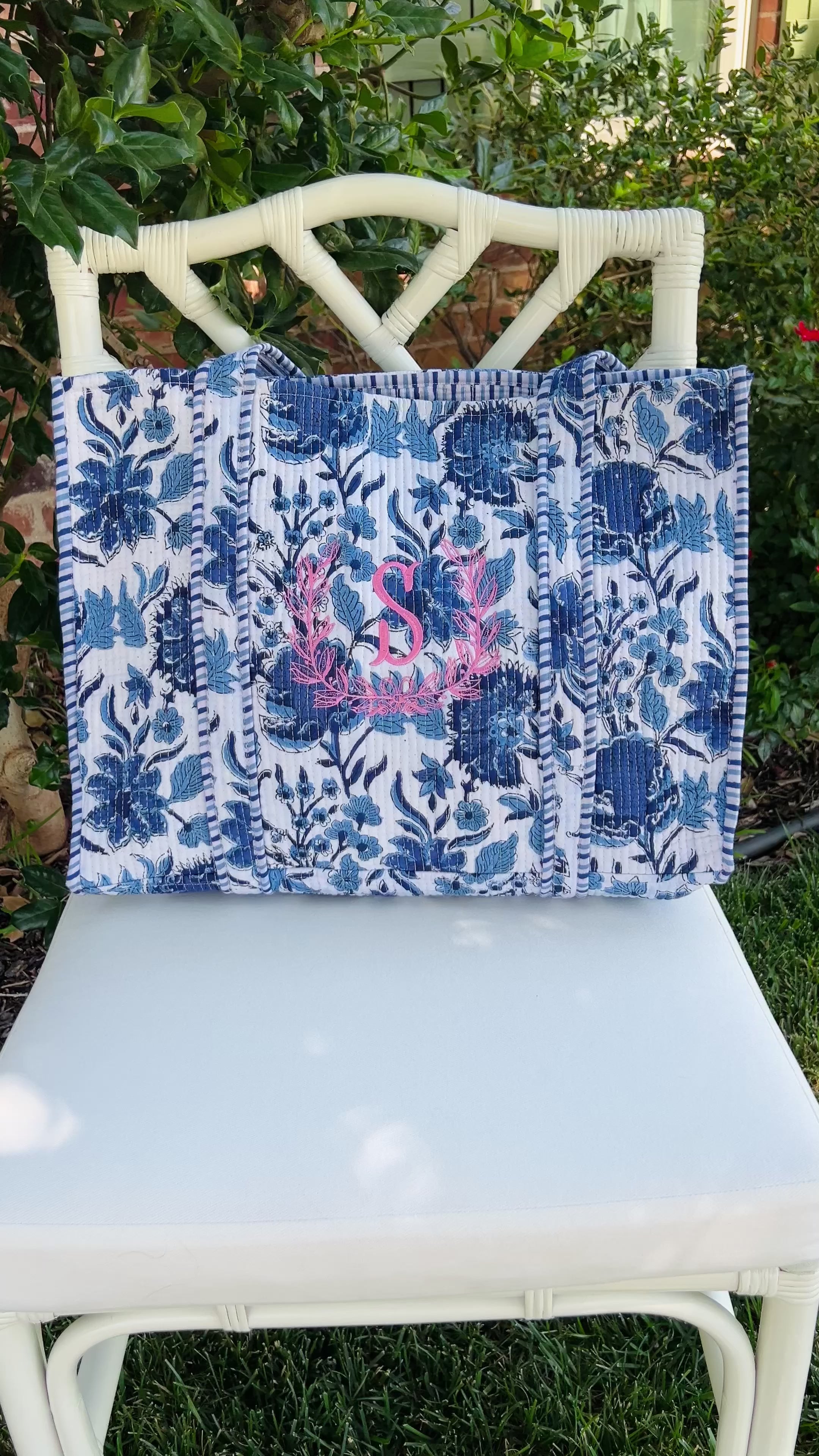 Blue and white quilted block print tote bag monogram available