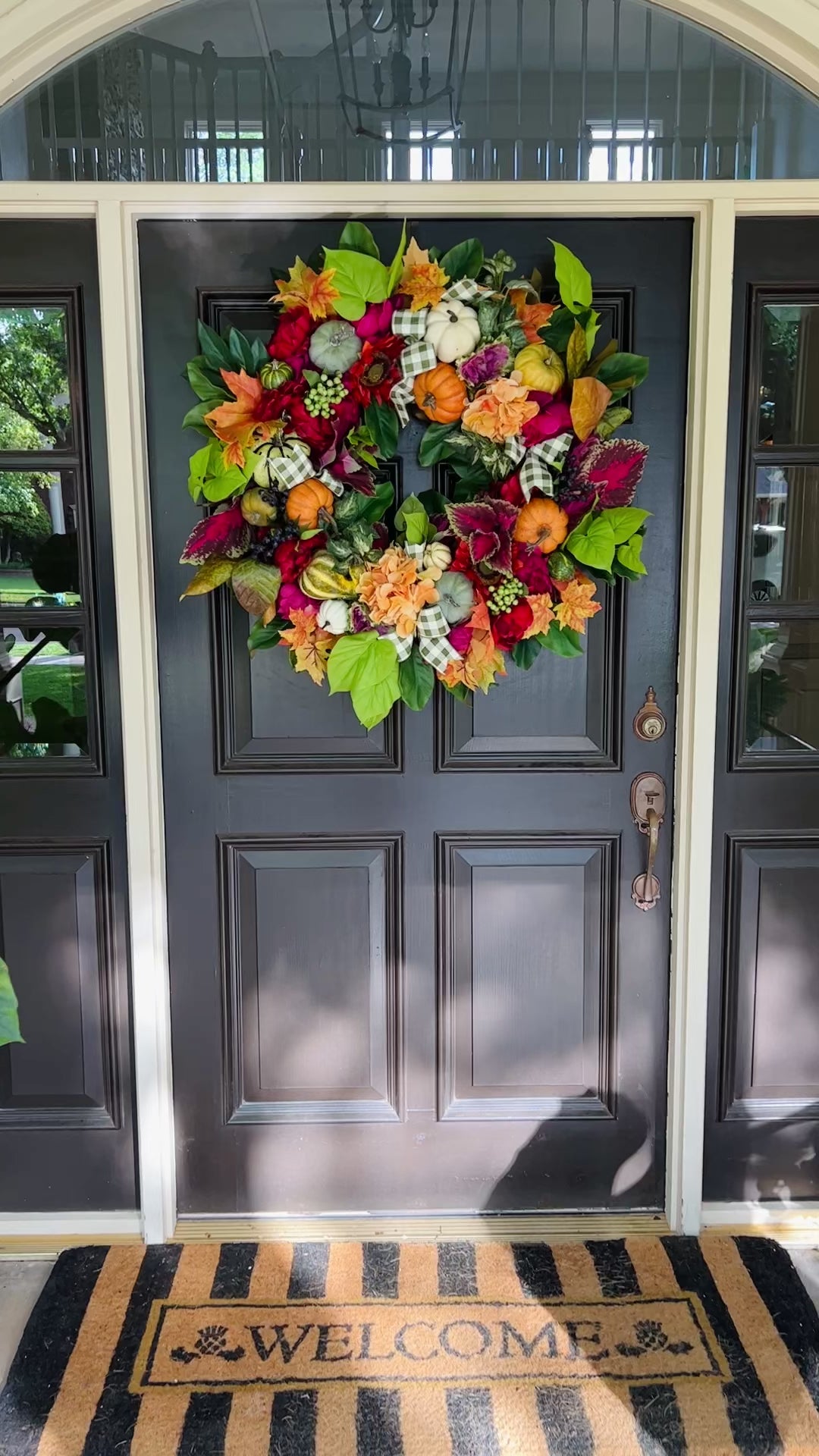 Fall floral and pumpkin wreath, bright colors with optional gingham ribbon, 3 sizes available