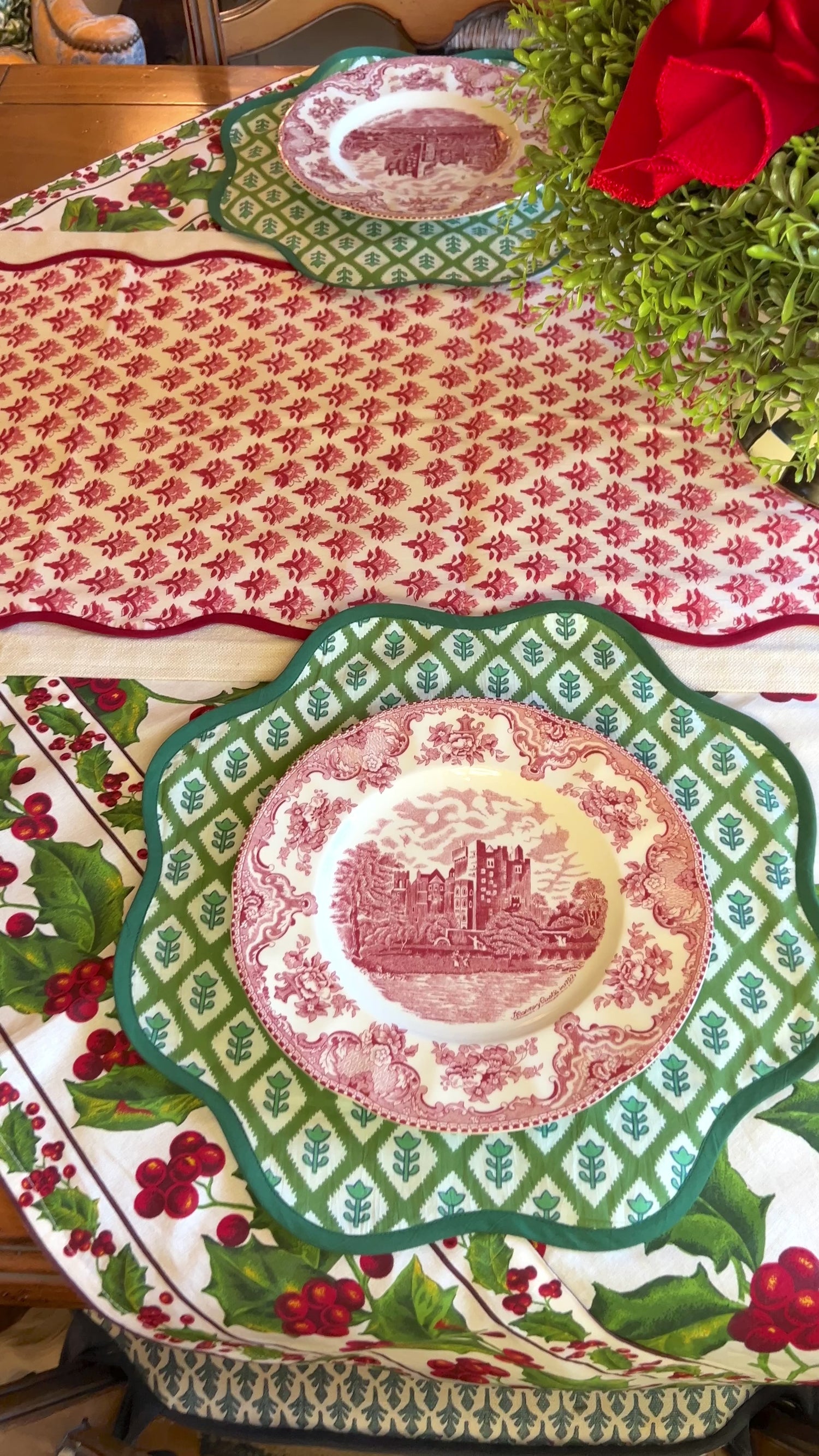 Red block print scalloped table runner with contrast piping