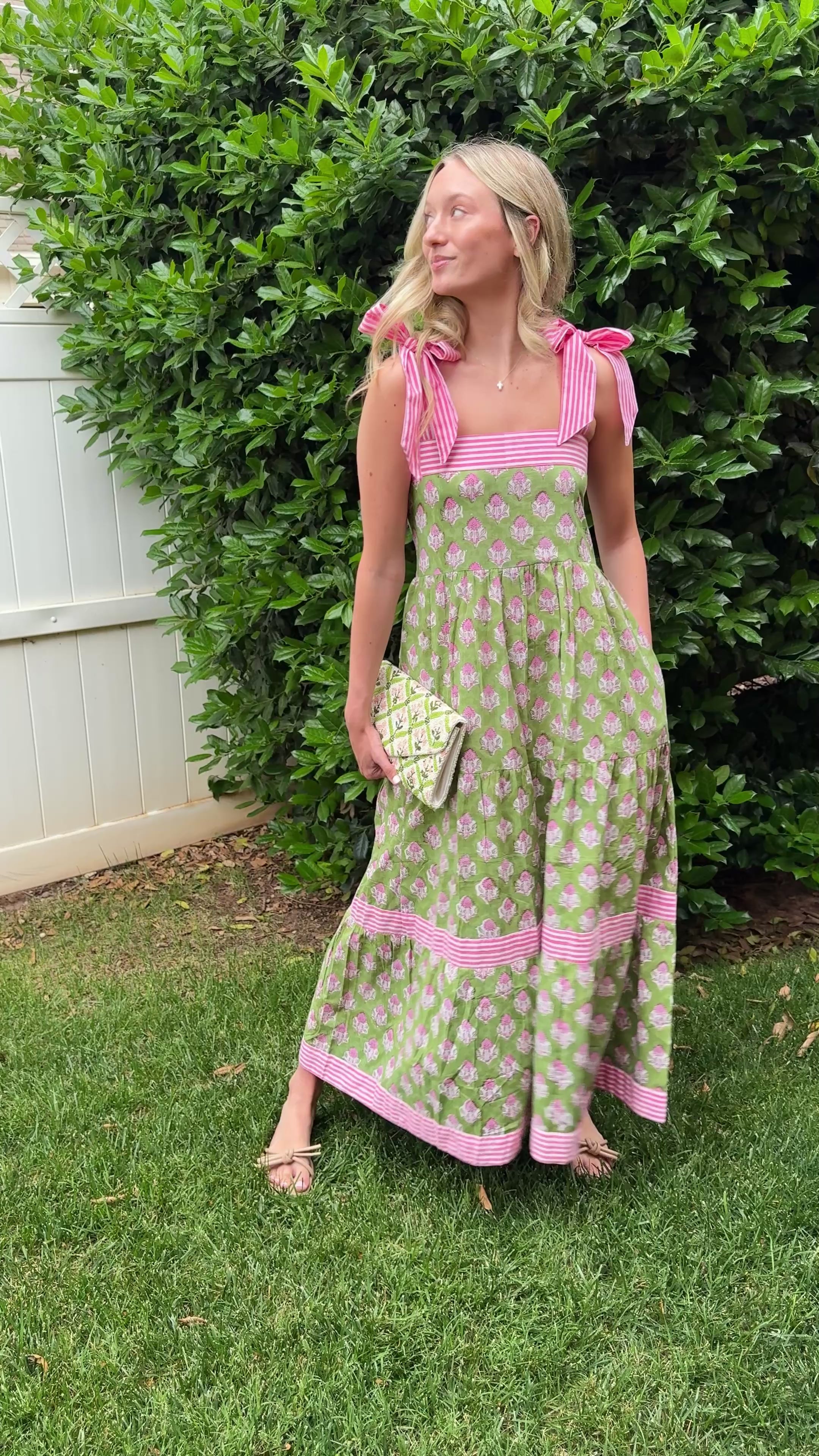 Maisie Maxi Dress in Green Posy block print