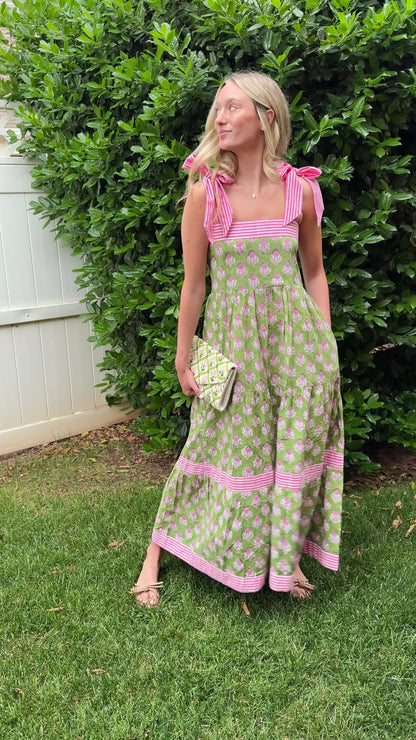 Maisie Maxi Dress in Green Posy block print