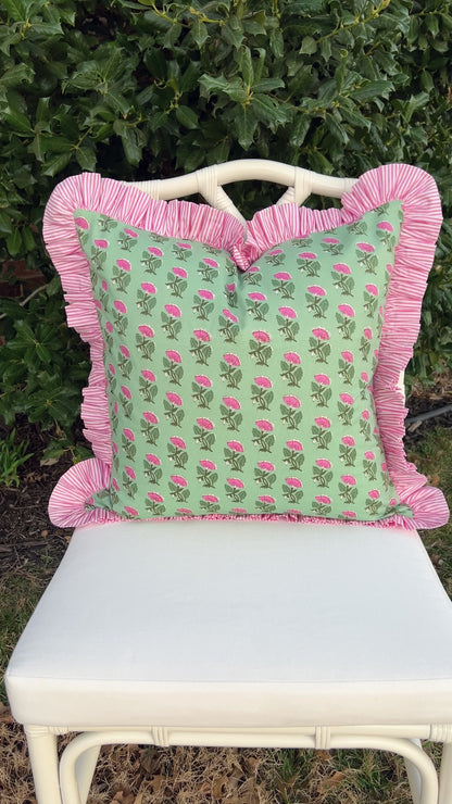 Green and pink floral block print ruffle pillow cover