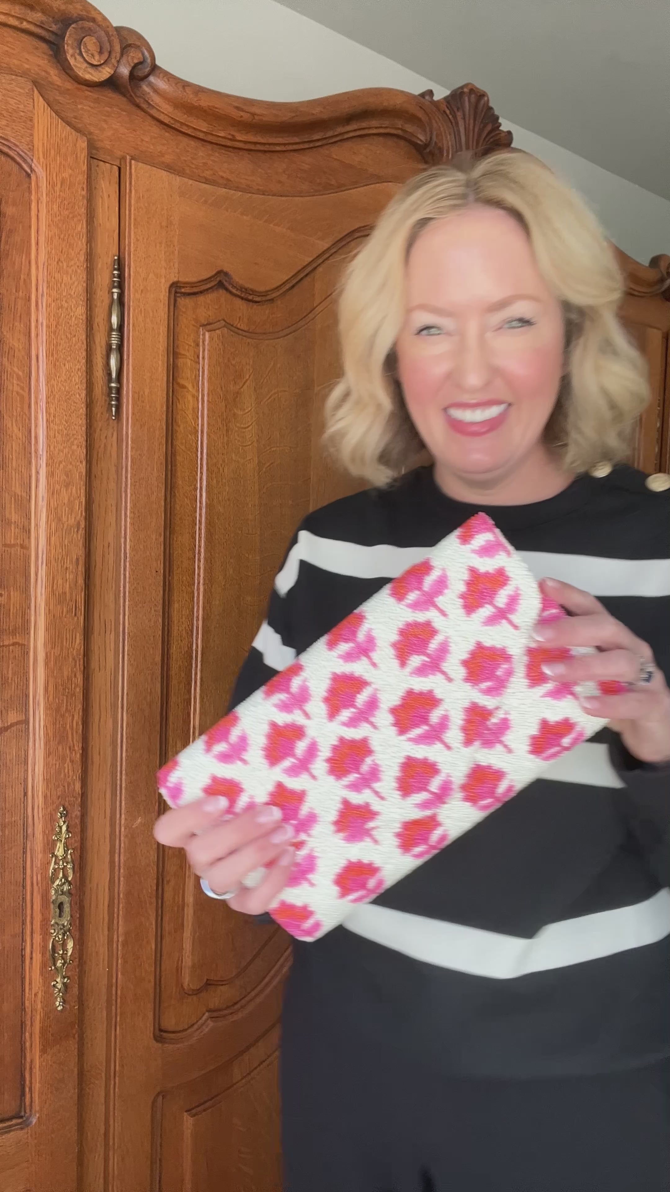 Hand beaded pink and orange block print floral trellis clutch *in stock ships now*