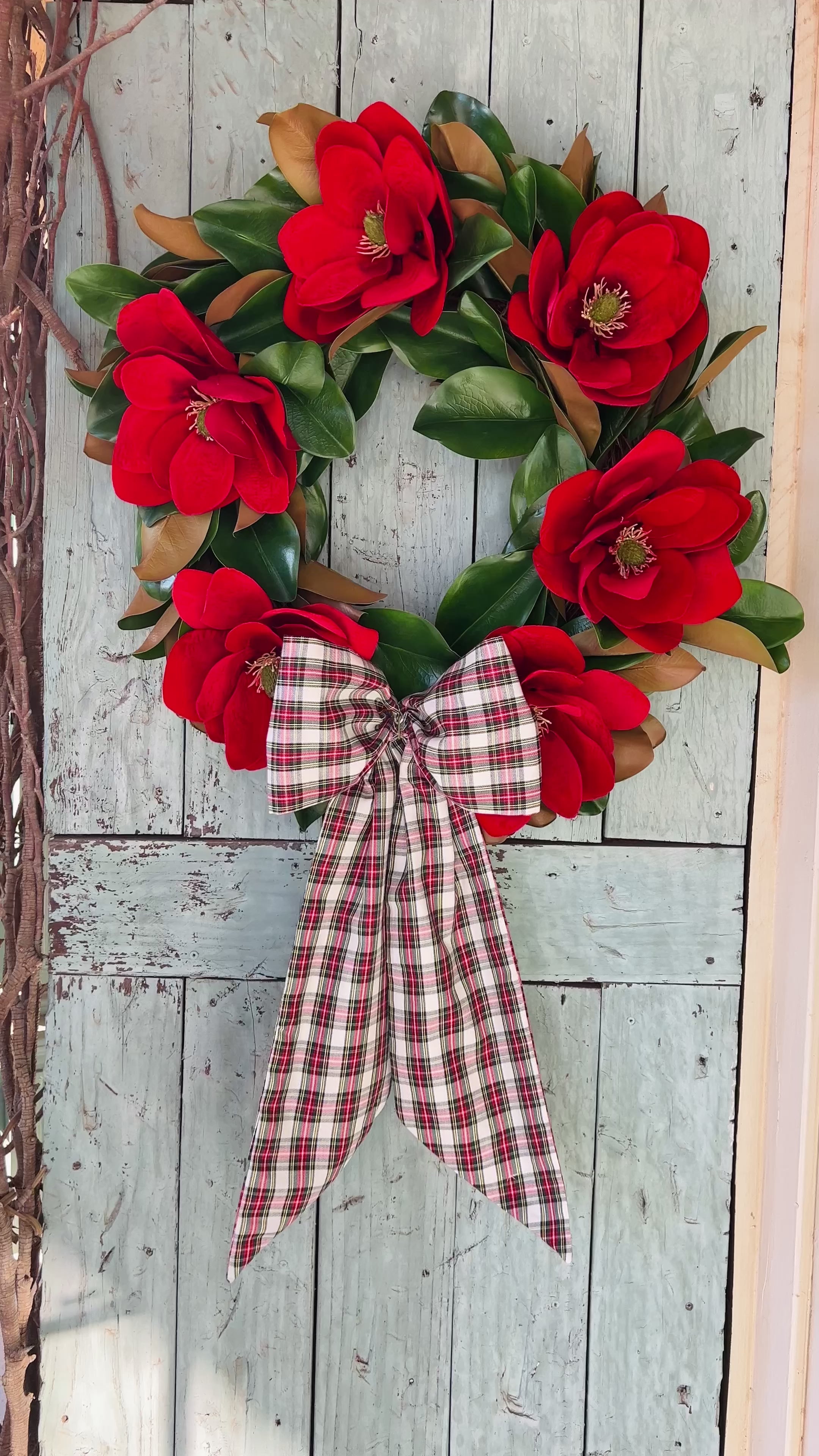 Classic red and white tartan plaid Christmas wreath sash