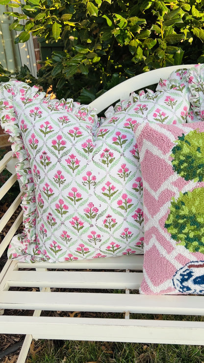 Pink trellis hooked wool topiary pillow