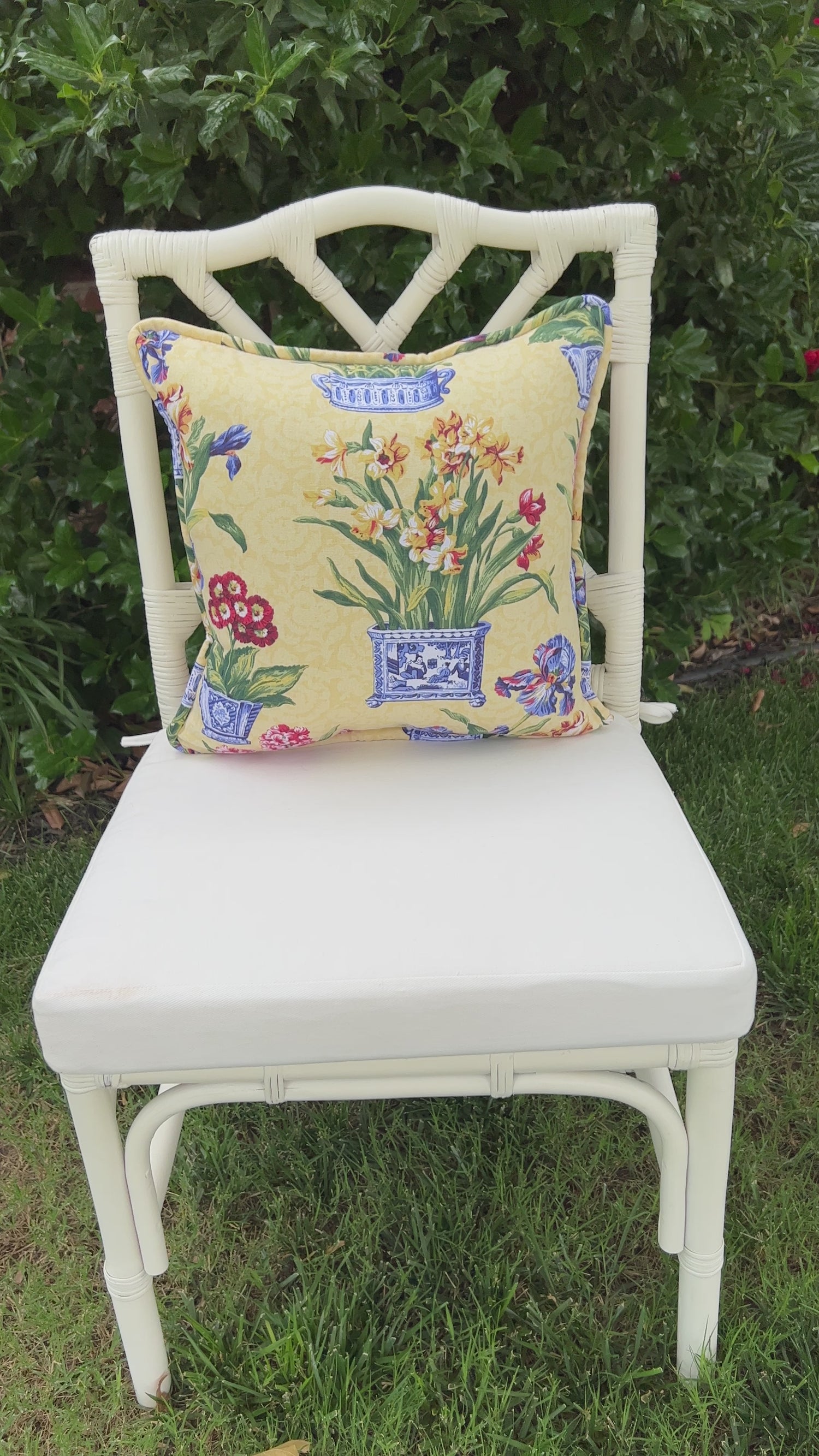 Yellow floral and chinoiserie Cachepot throw pillow