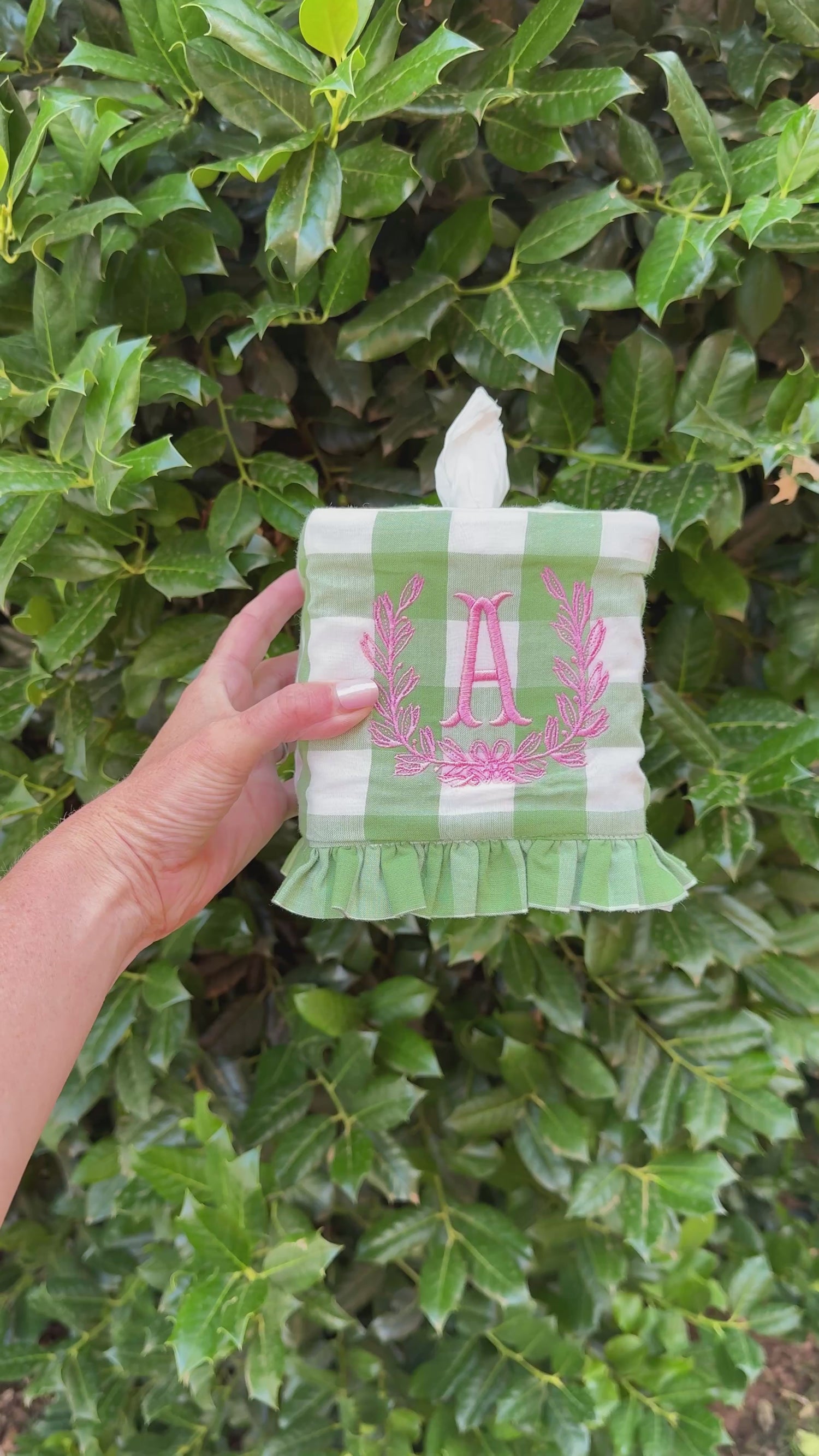 Fern green check ruffle tissue cover, custom monogram available