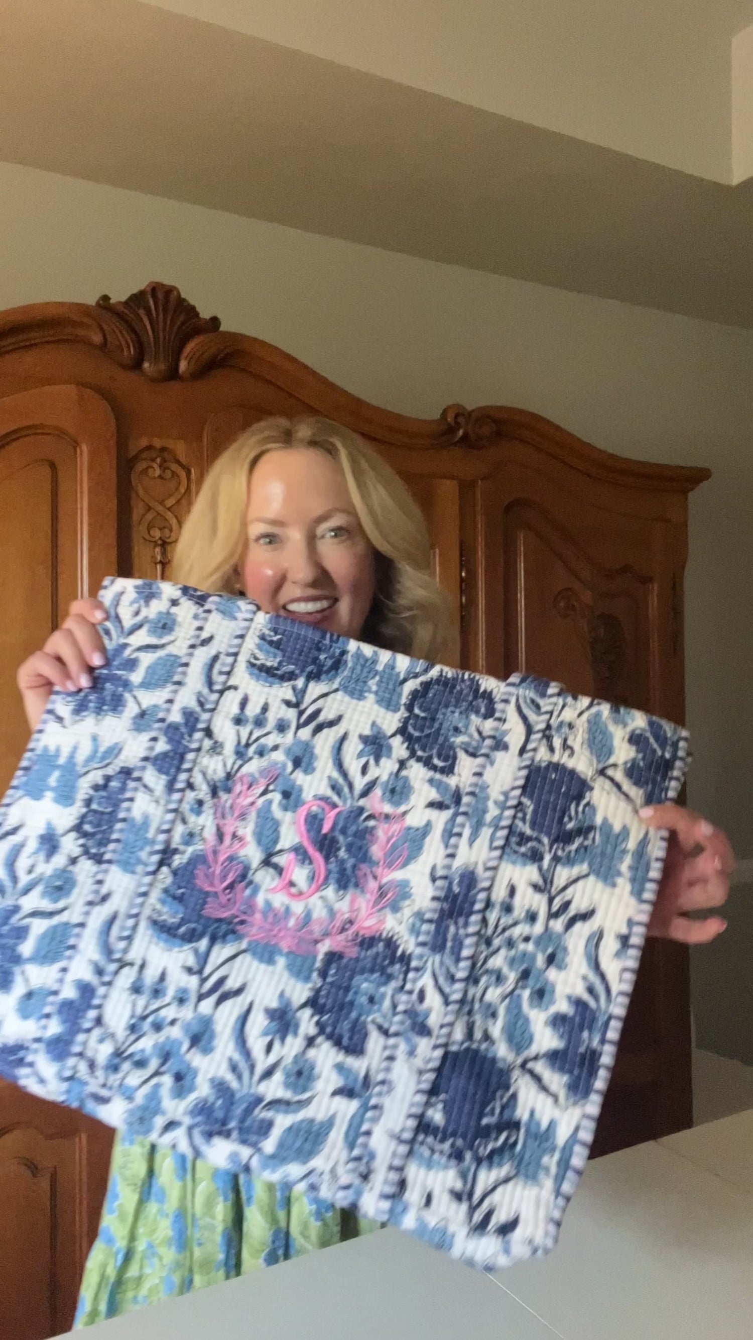 Blue and white quilted block print tote bag monogram available