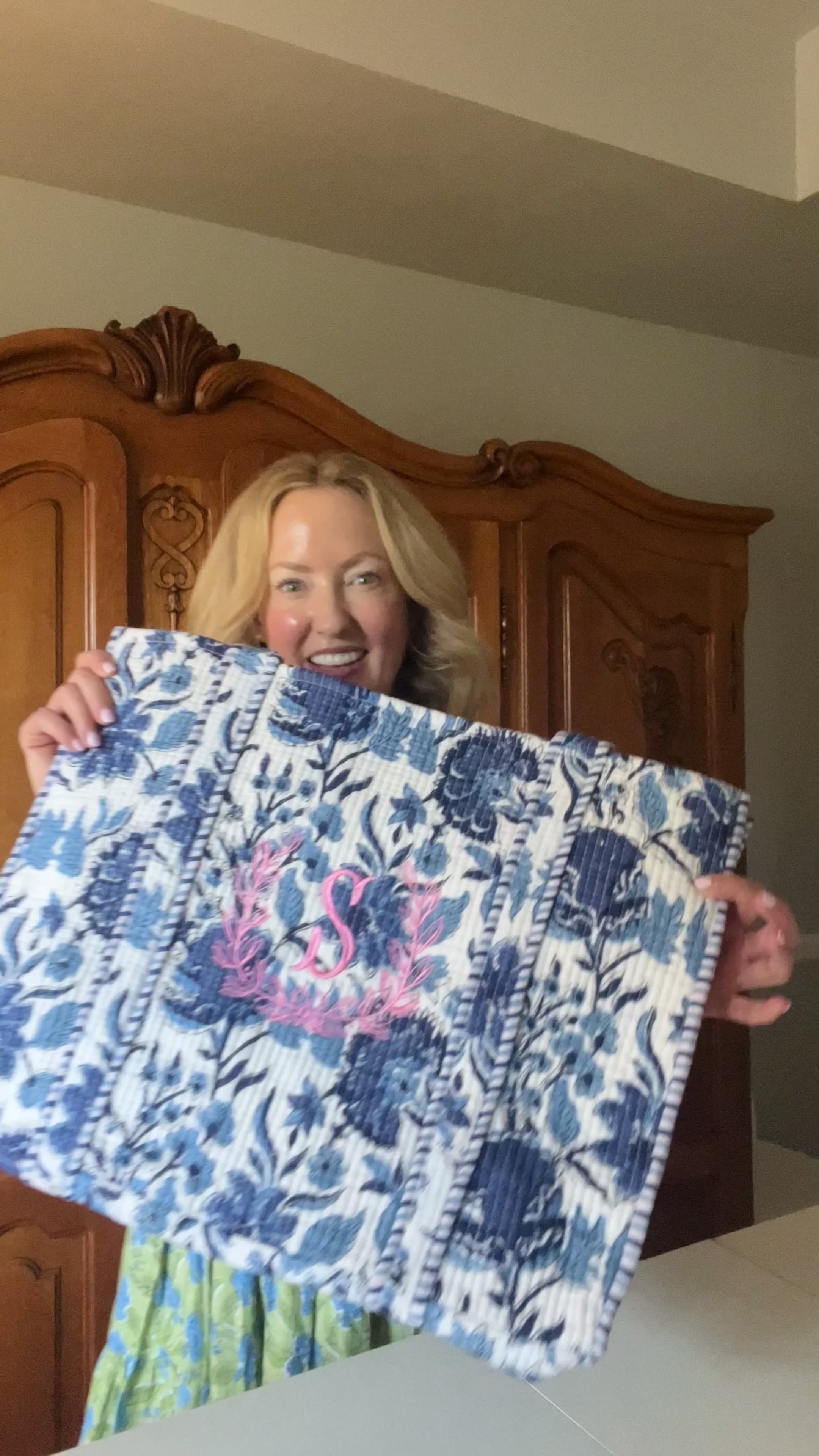 Blue and white quilted block print tote bag monogram available