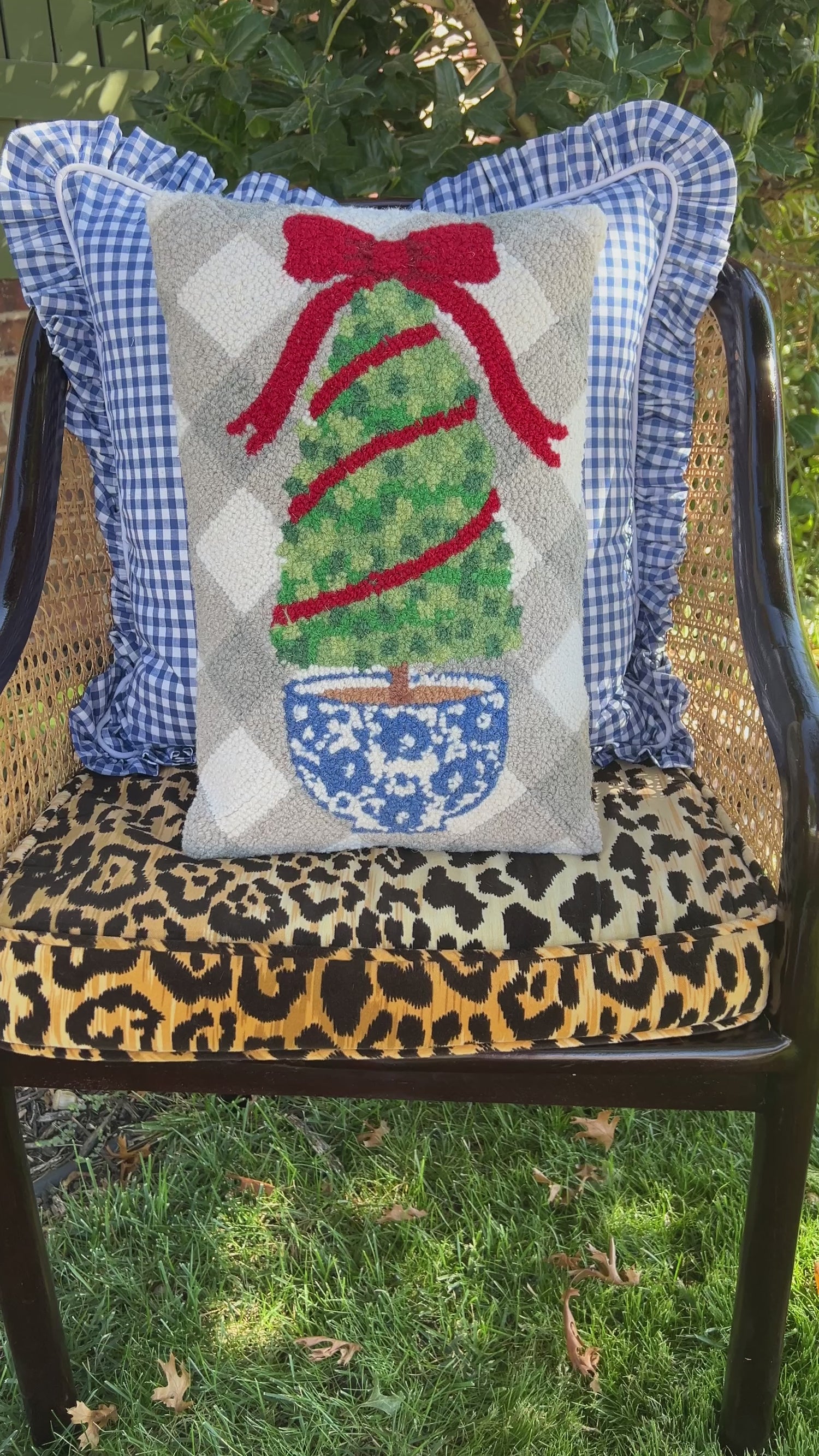 Holiday topiary hooked wool pillow