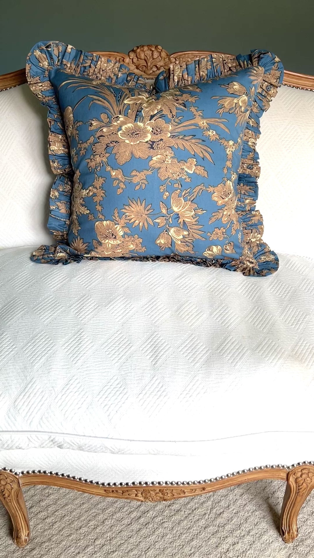 Blue floral toile pillow cover with ruffle trim