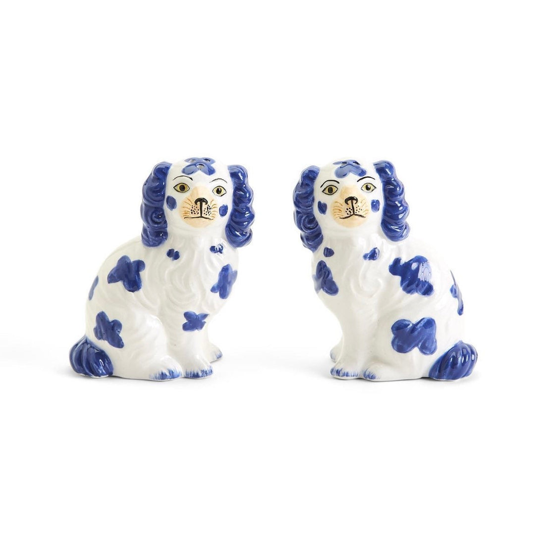 Blue and white Staffordshire dog salt and pepper shakers