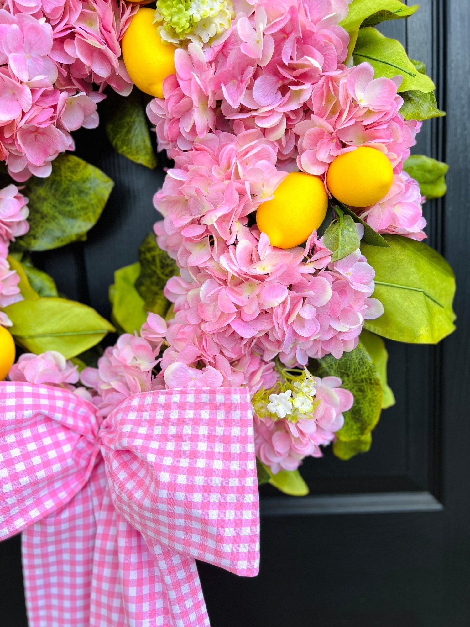 The pink hydrangea and lemon wreath
