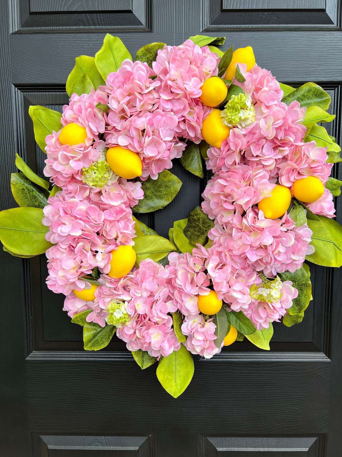 The pink hydrangea and lemon wreath