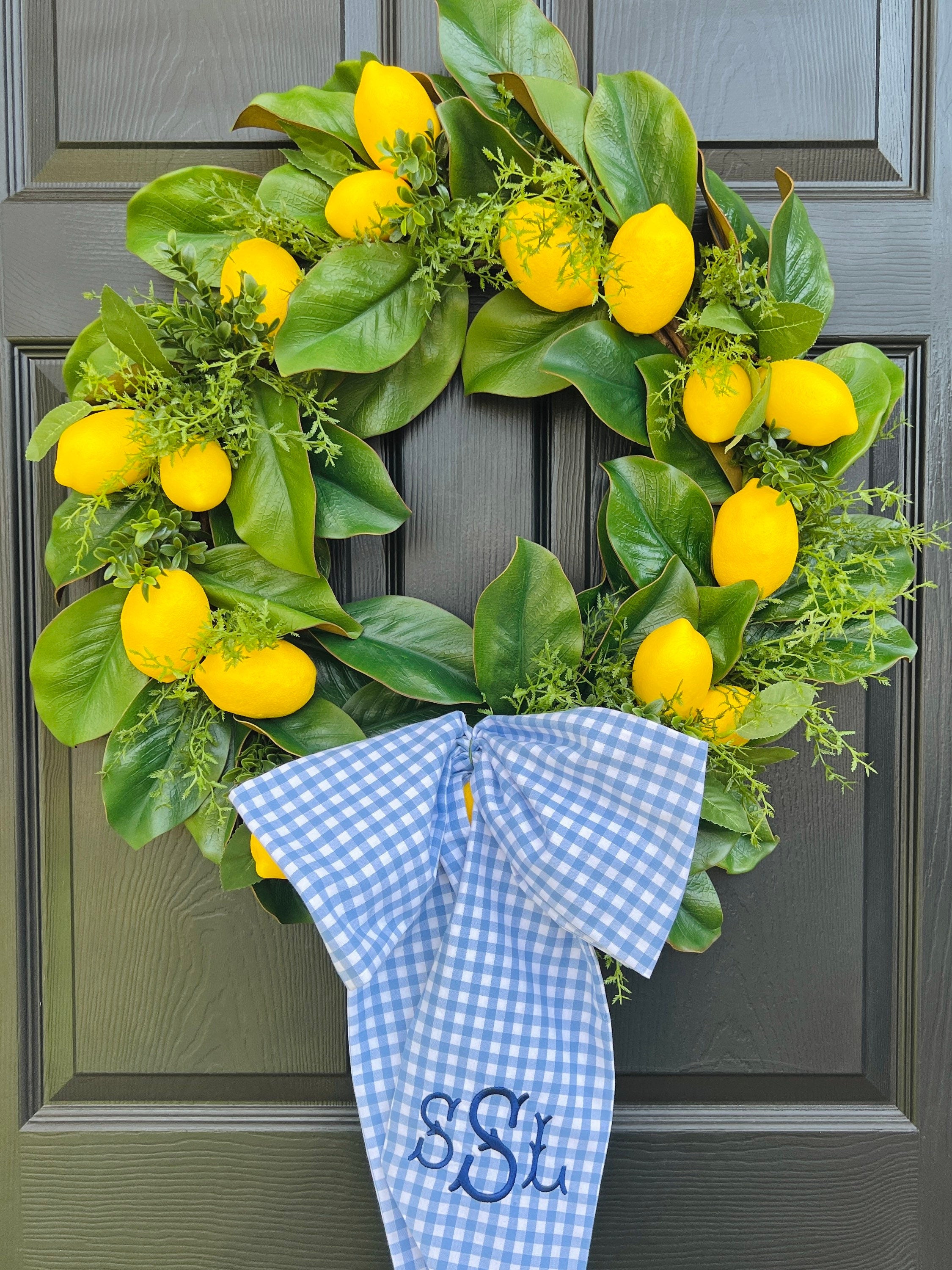 Lemon, magnolia, and boxwood wreath