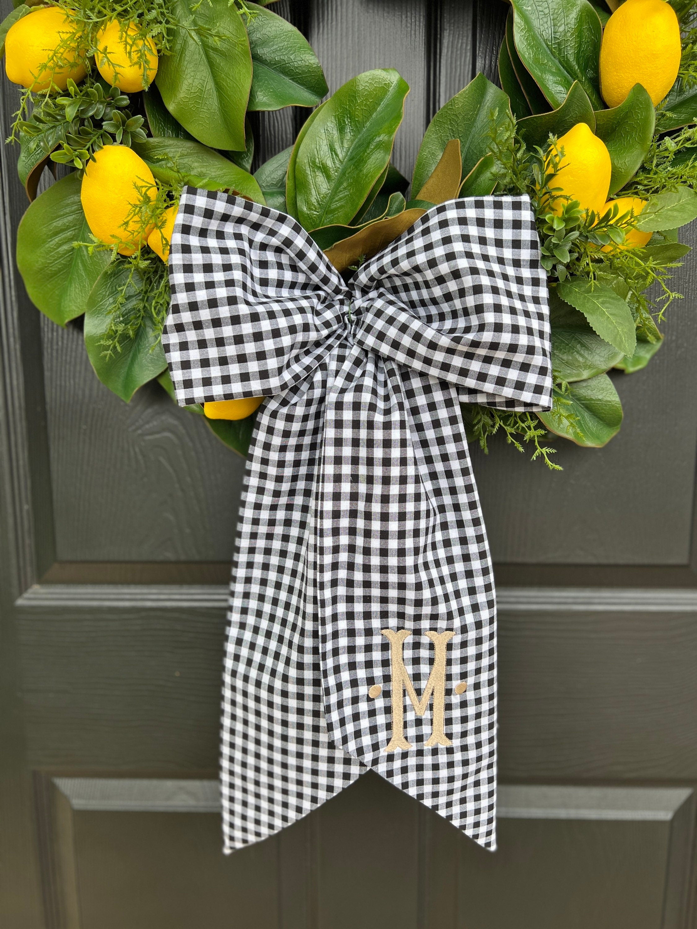 Black and white gingham wreath bow sash custom monogram available