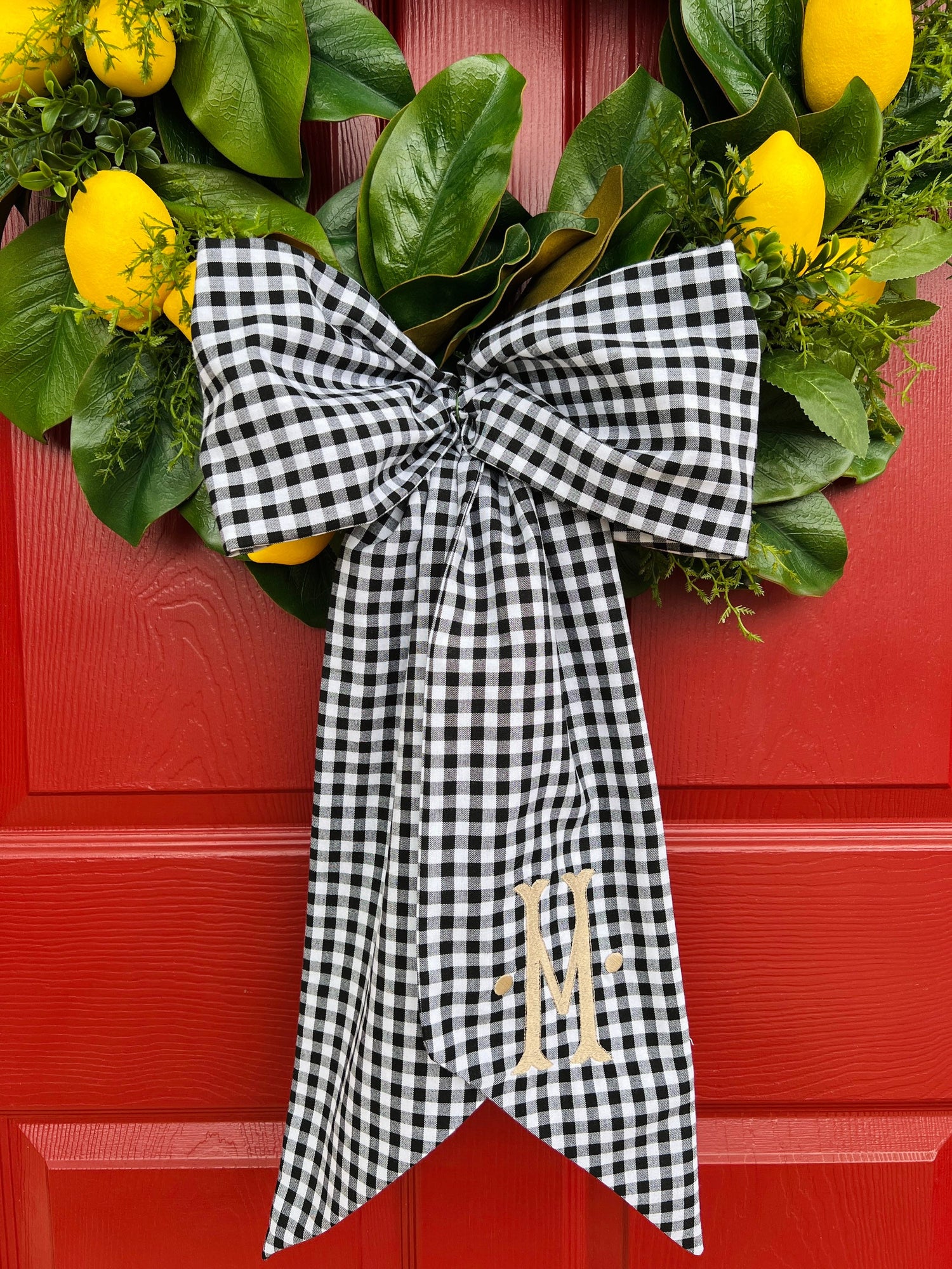 Black and white gingham wreath bow sash custom monogram available