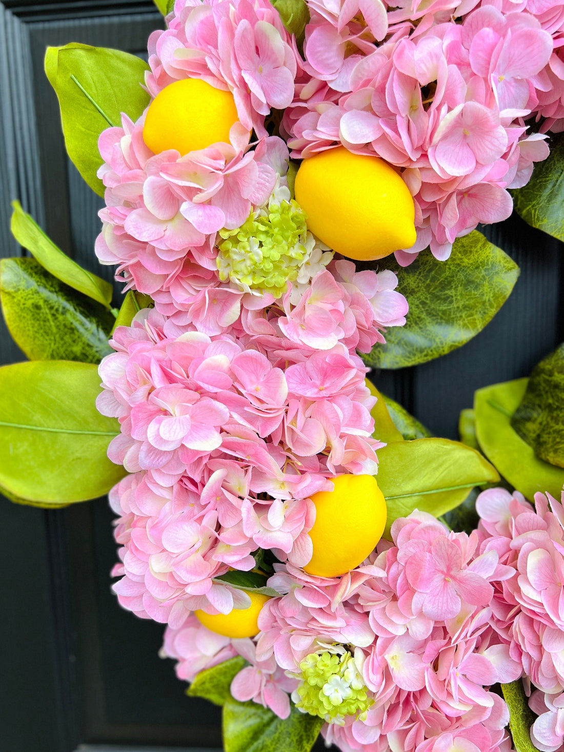 The pink hydrangea and lemon wreath