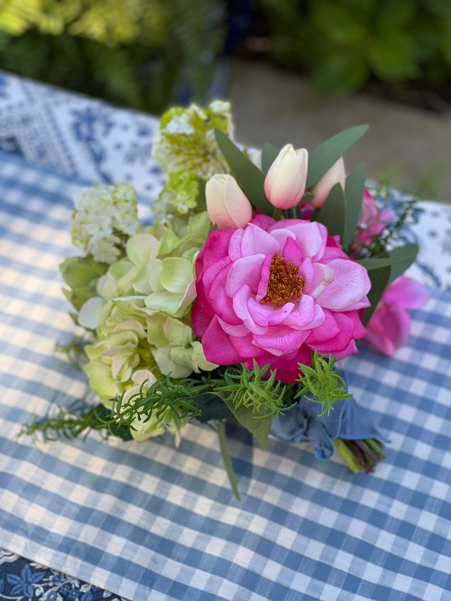 Faux flower drop-in bouquet arrangement pink and green (available with or without planter)