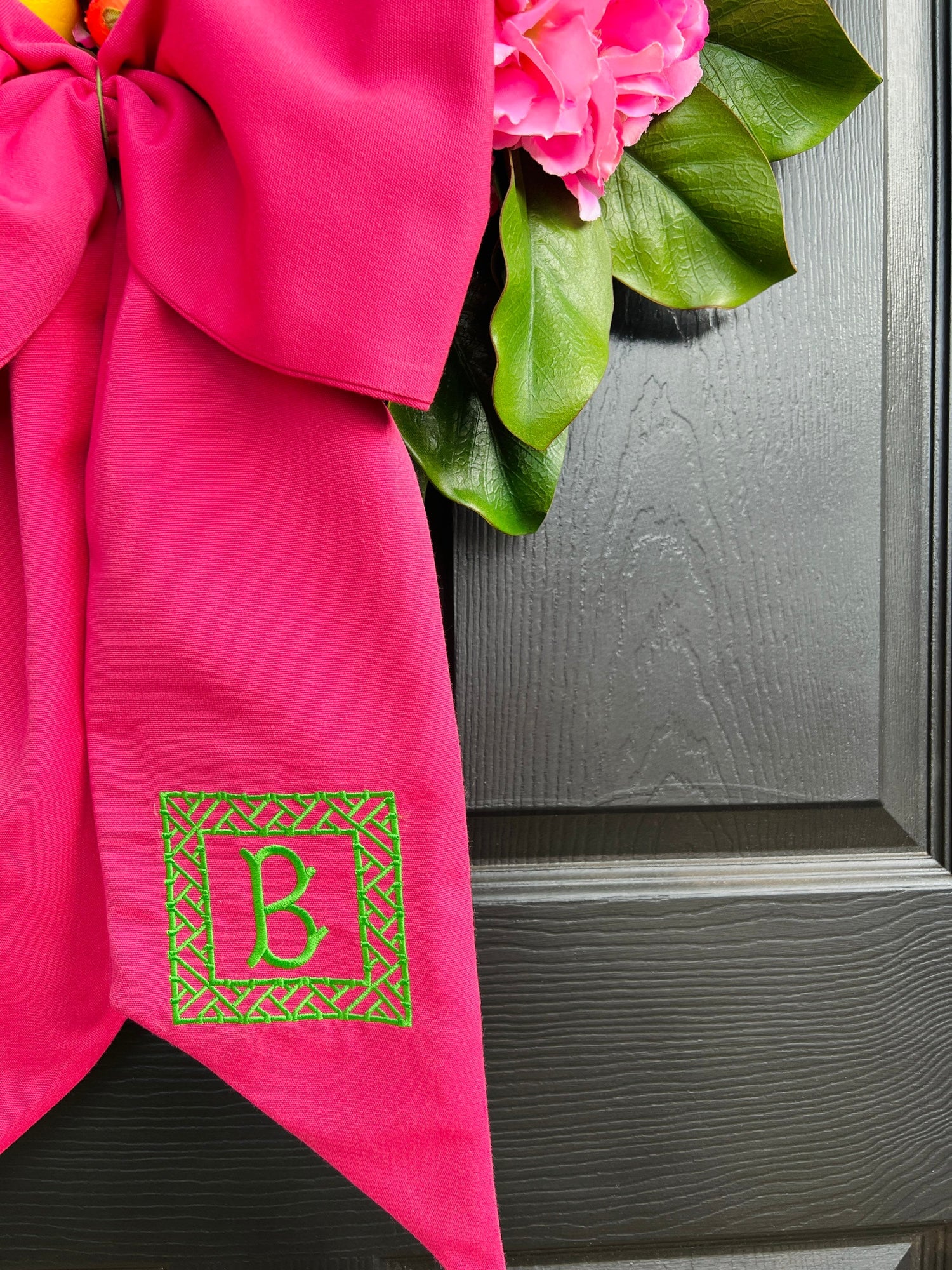 Pink Sunbrella wreath sash available with monogram