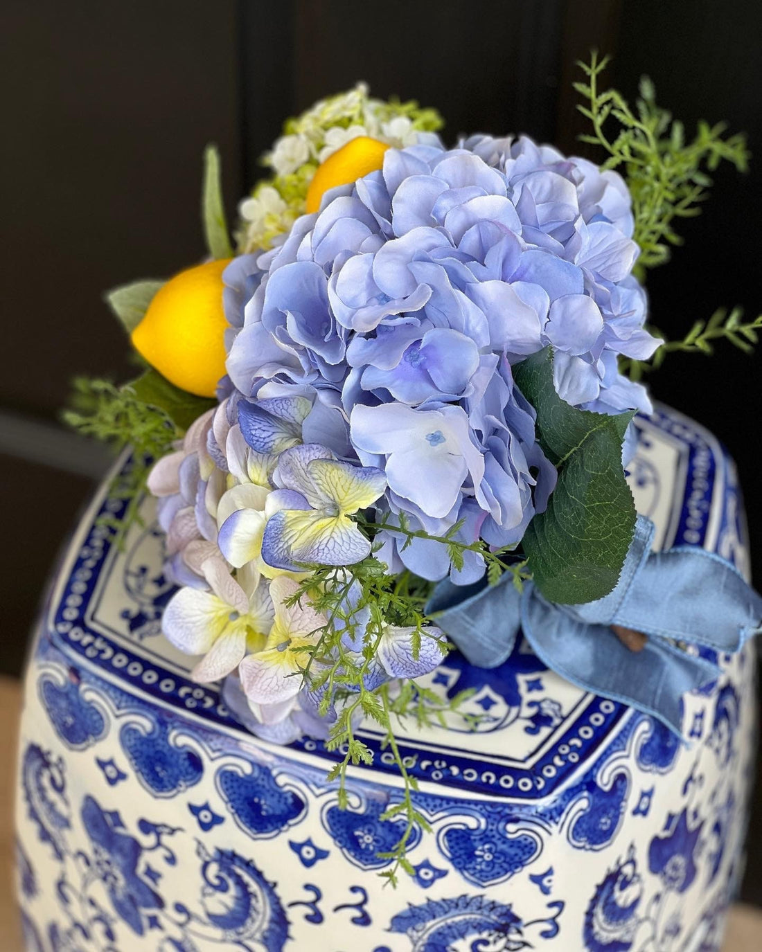 Faux flower drop-in bouquet arrangement blue hydrangea and lemon (available with or without planter)