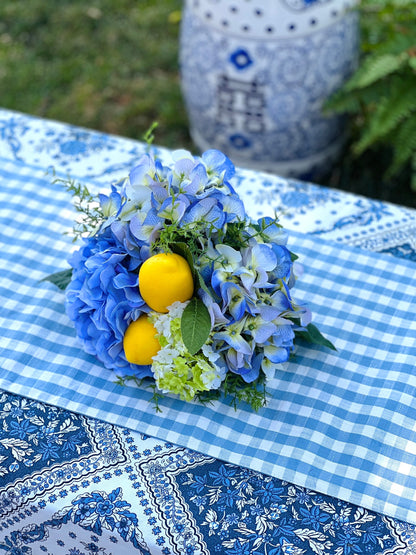 Faux flower drop-in bouquet arrangement blue hydrangea and lemon (available with or without planter)