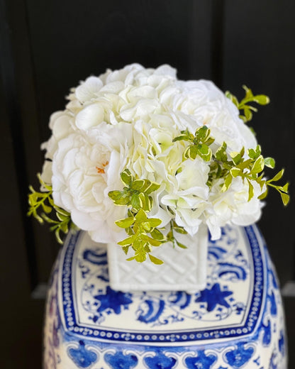 Faux flower bouquet drop-in arrangement, white hydrangea and garden rose (available with or without planter)
