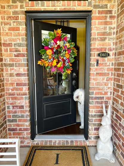 Fall floral and pumpkin wreath, bright colors with optional gingham ribbon, 3 sizes available