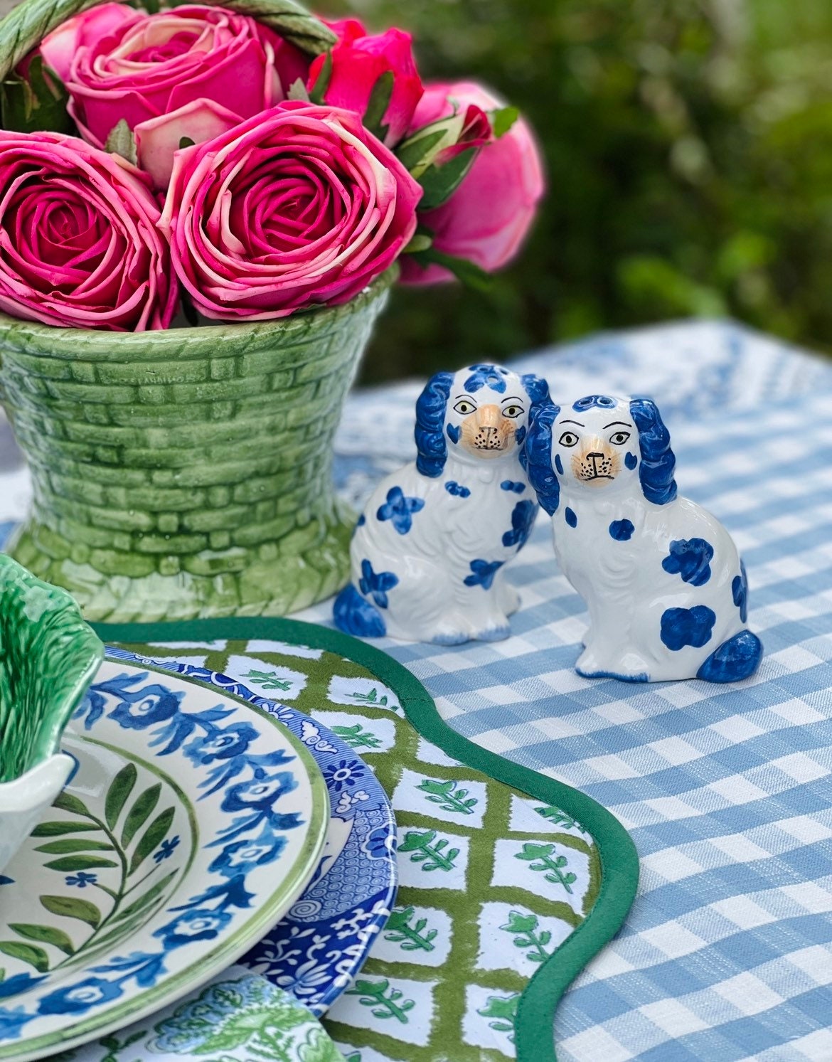 Blue and white Staffordshire dog salt and pepper shakers