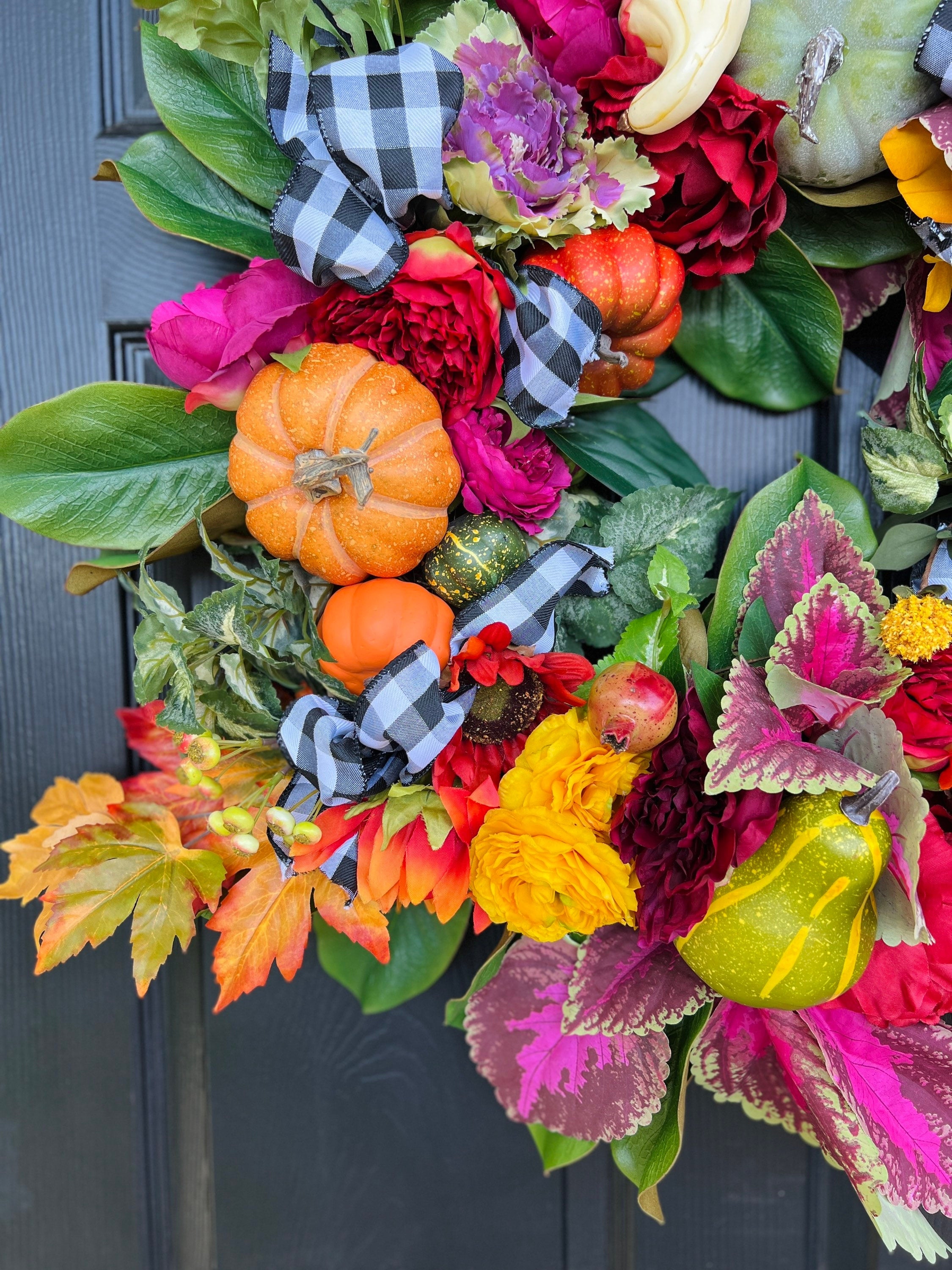 Fall floral and pumpkin wreath, bright colors with optional gingham ribbon, 3 sizes available