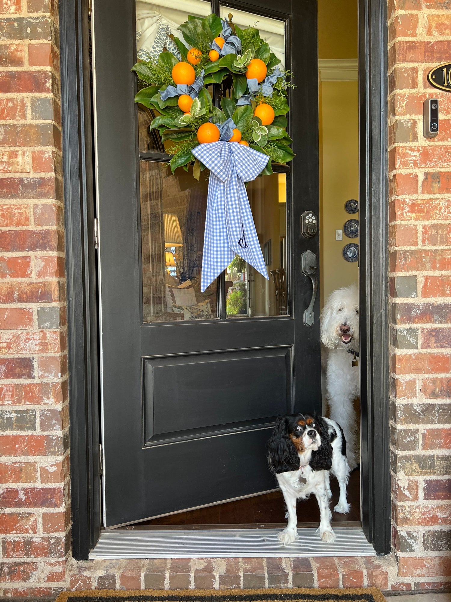 Orange and magnolia wreath with French blue check sash bundle