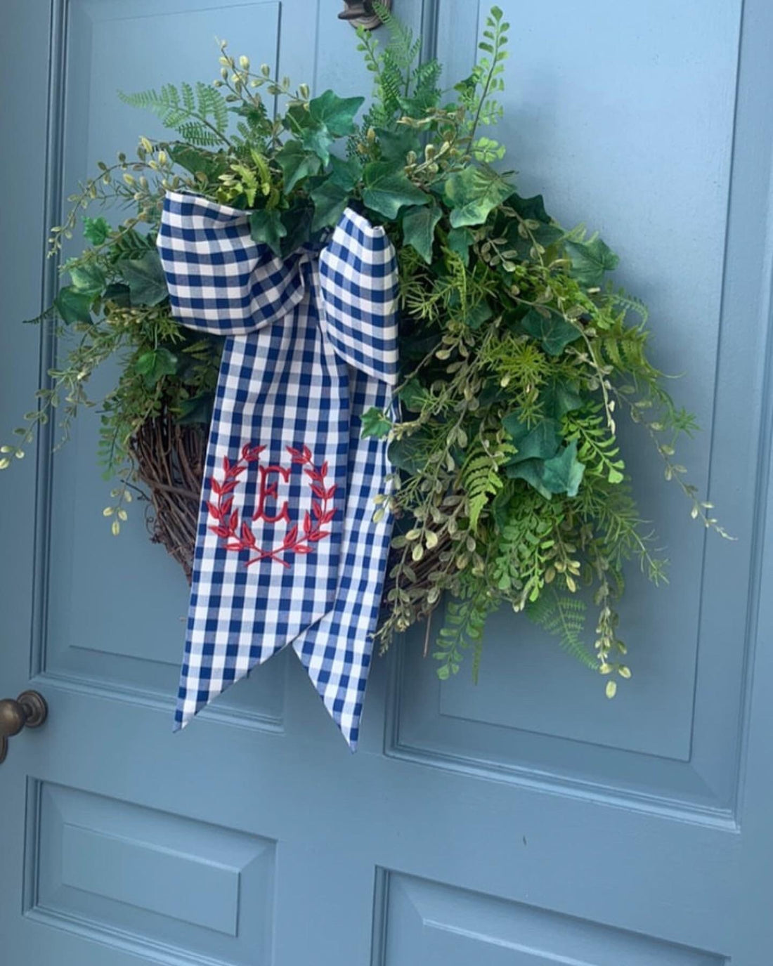 Outdoor wreath sash blue gingham monogram available