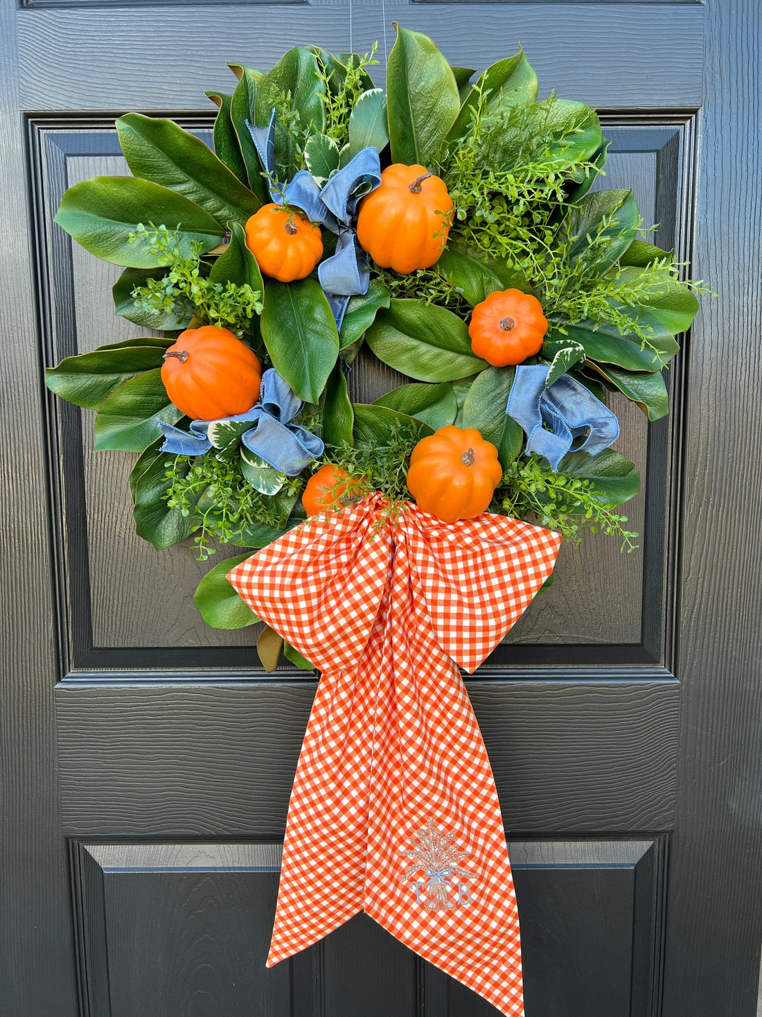 Satin Bow Wreath Sash With Rattle & Vintage Vine Monogram –  OliveBranchEmbroidery
