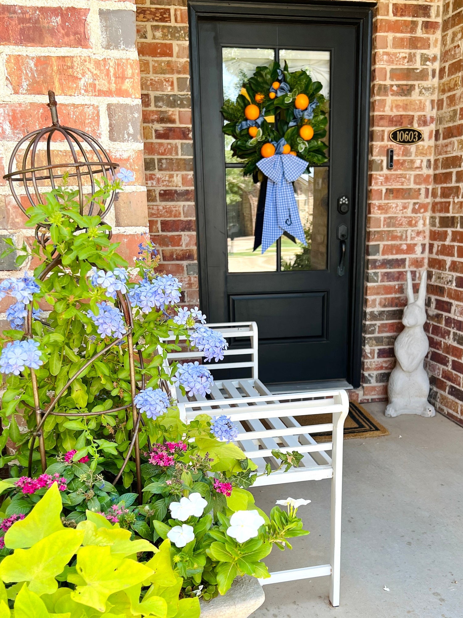 Orange and magnolia wreath with French blue check sash bundle