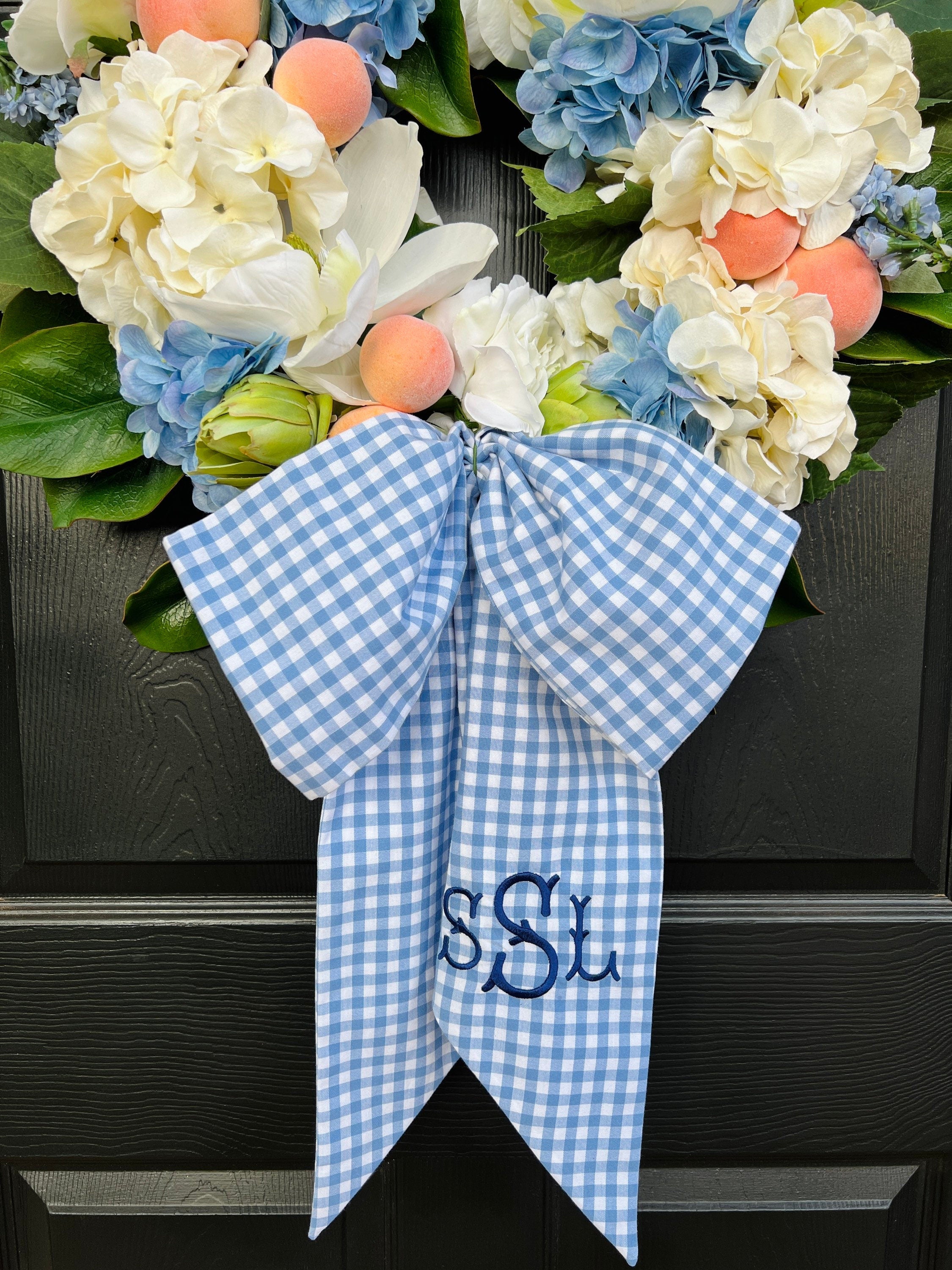 French blue gingham wreath sash monogram available