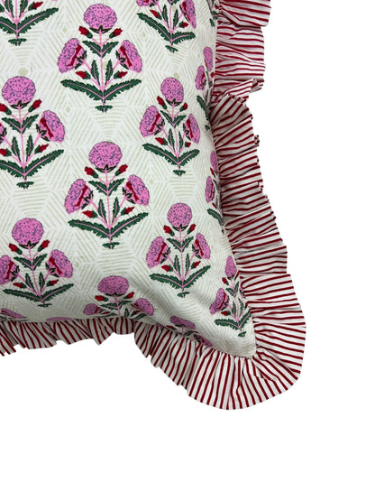 Pink and red floral block print ruffle pillow