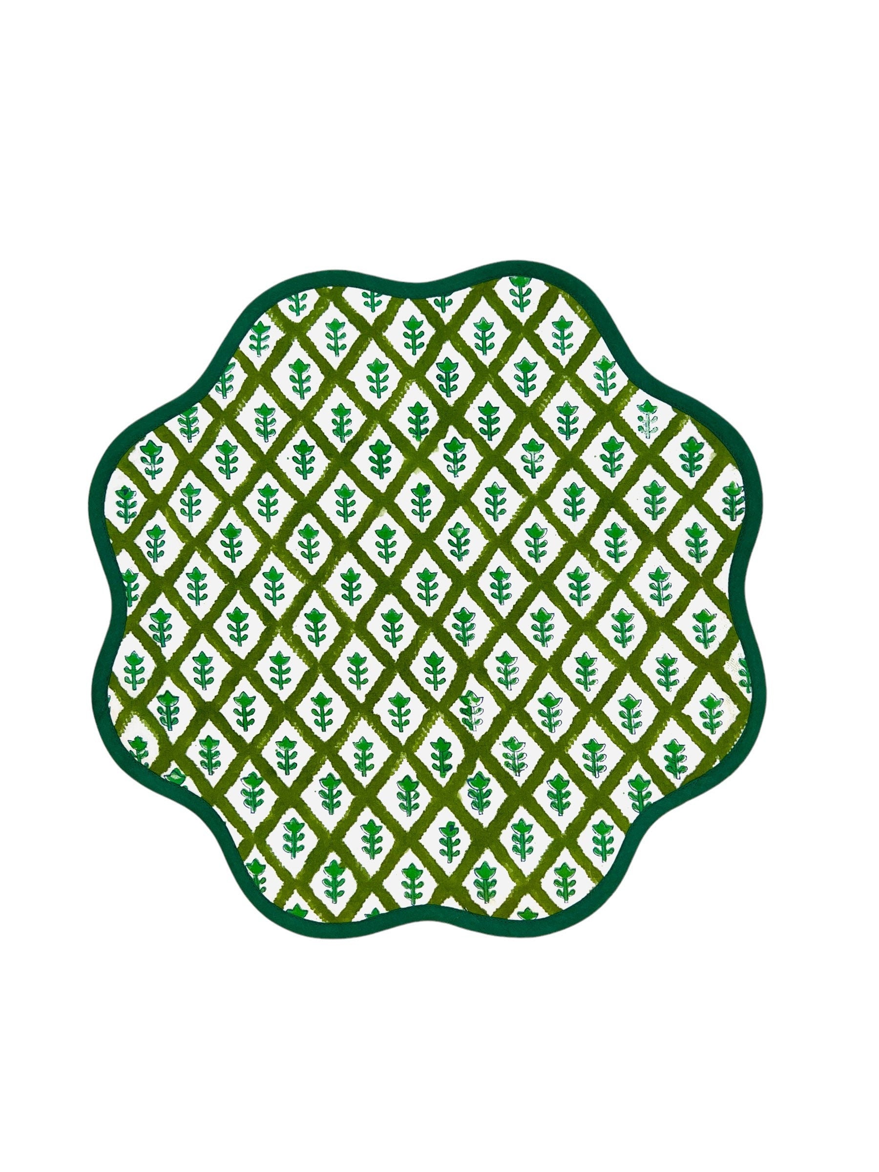 Green block print scalloped placemats, set of 4