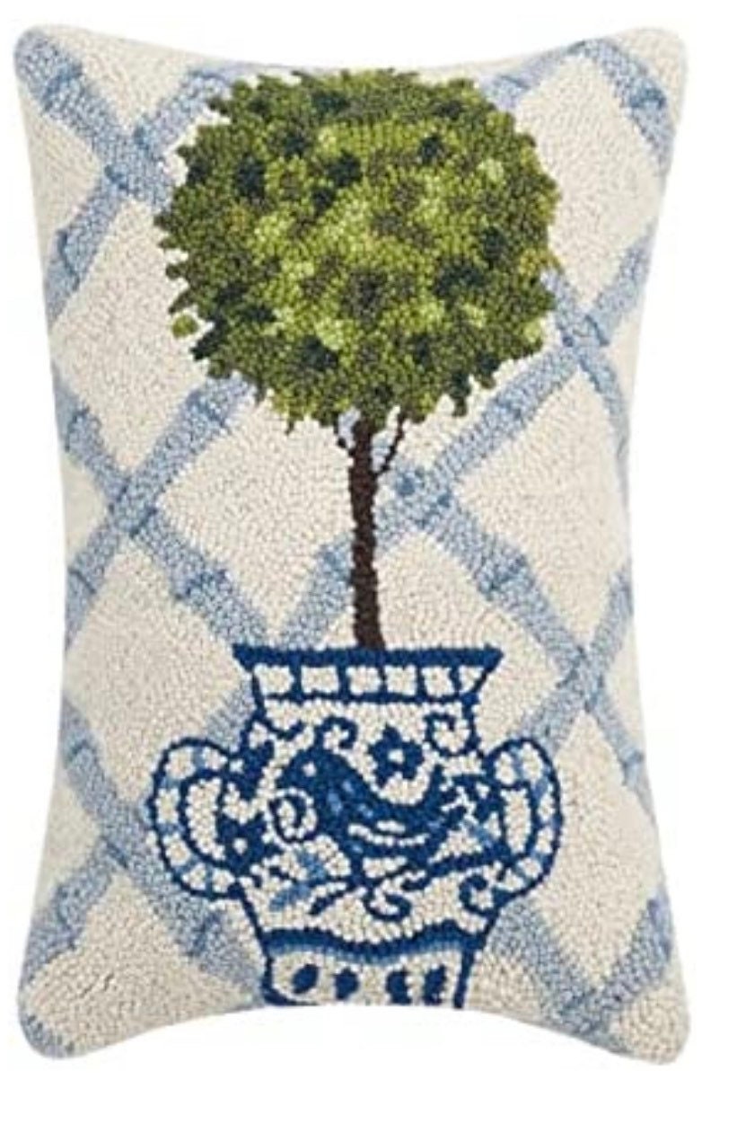 Hooked wool topiary pillow, blue and green pillow
