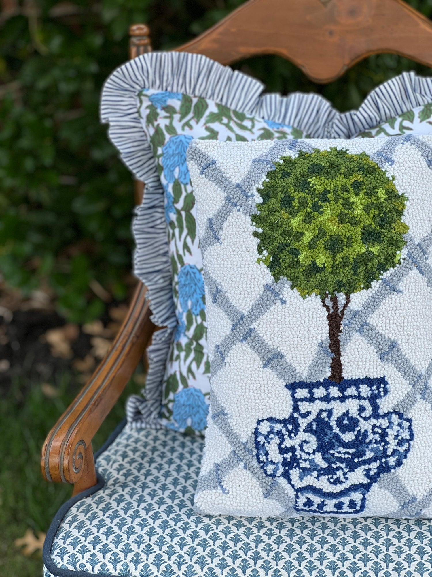 Hooked wool topiary pillow, blue and green pillow