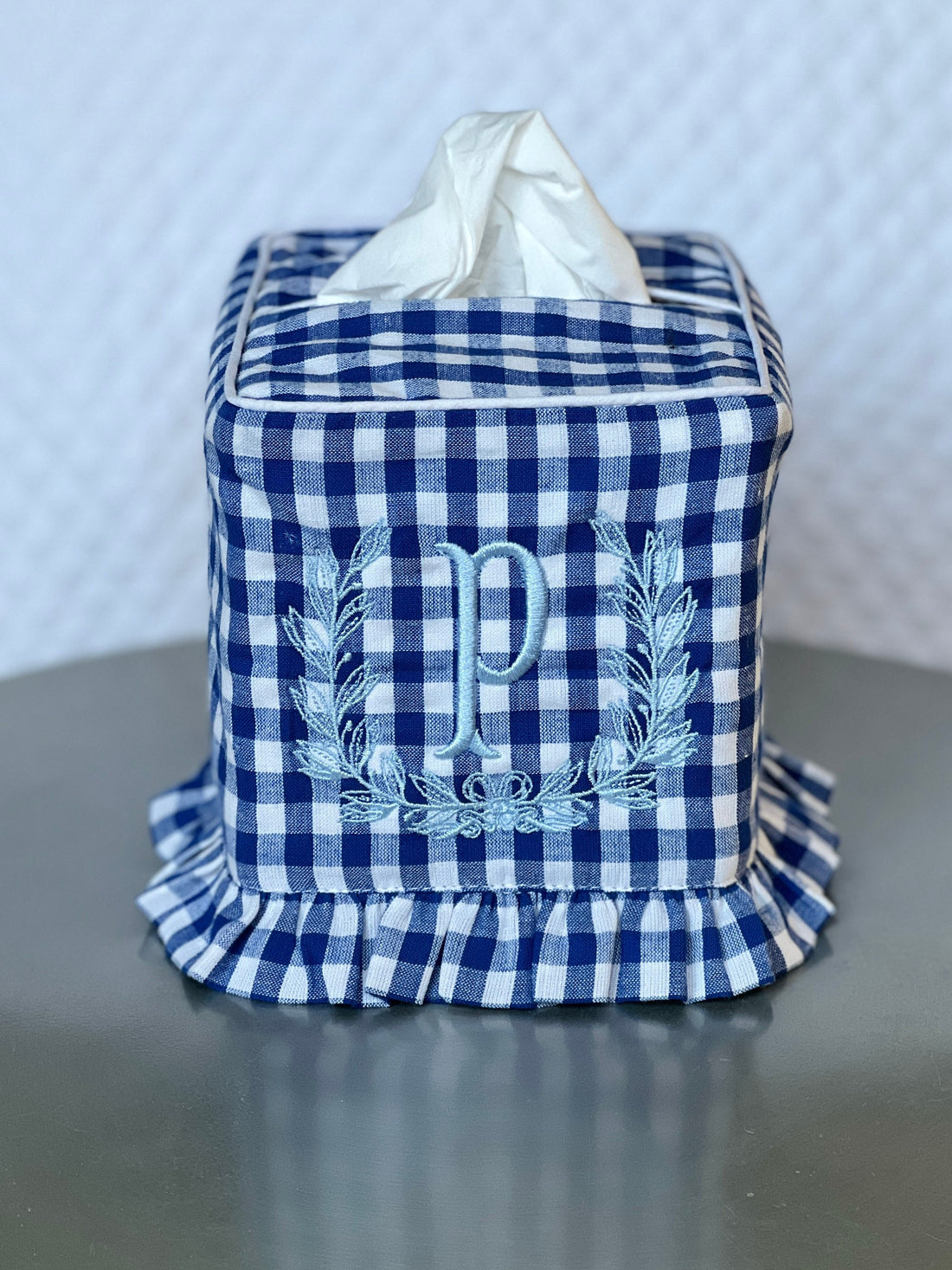 Blue gingham ruffle tissue cover, custom monogram available