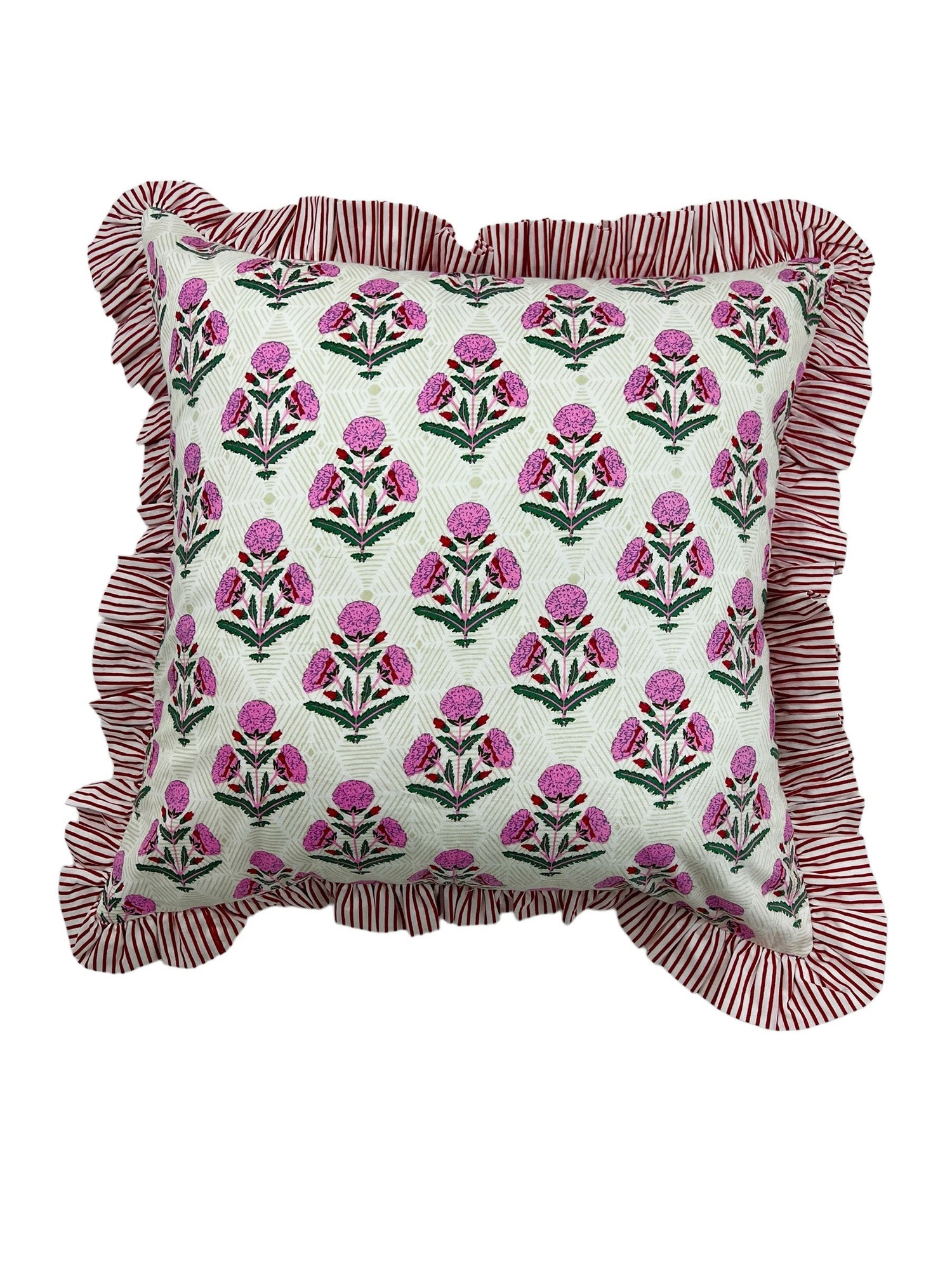 Pink and red floral block print ruffle pillow