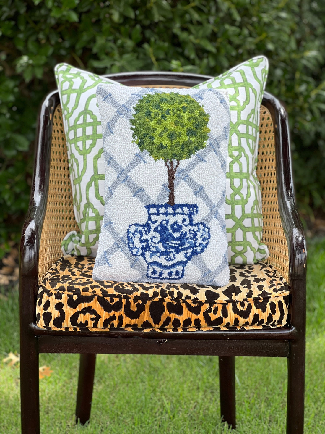 Hooked wool topiary pillow, blue and green pillow
