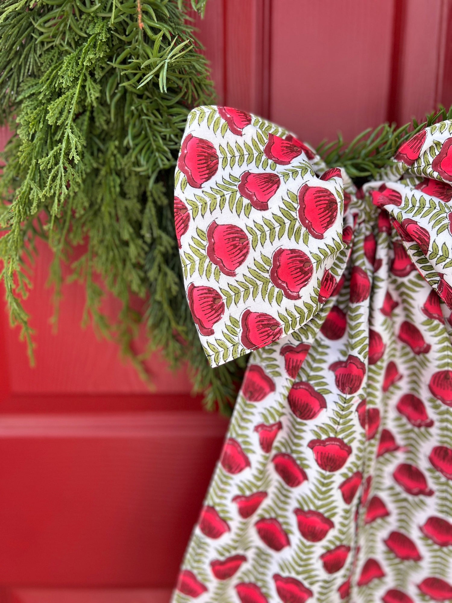 Red and green block print wreath sash, monogram available