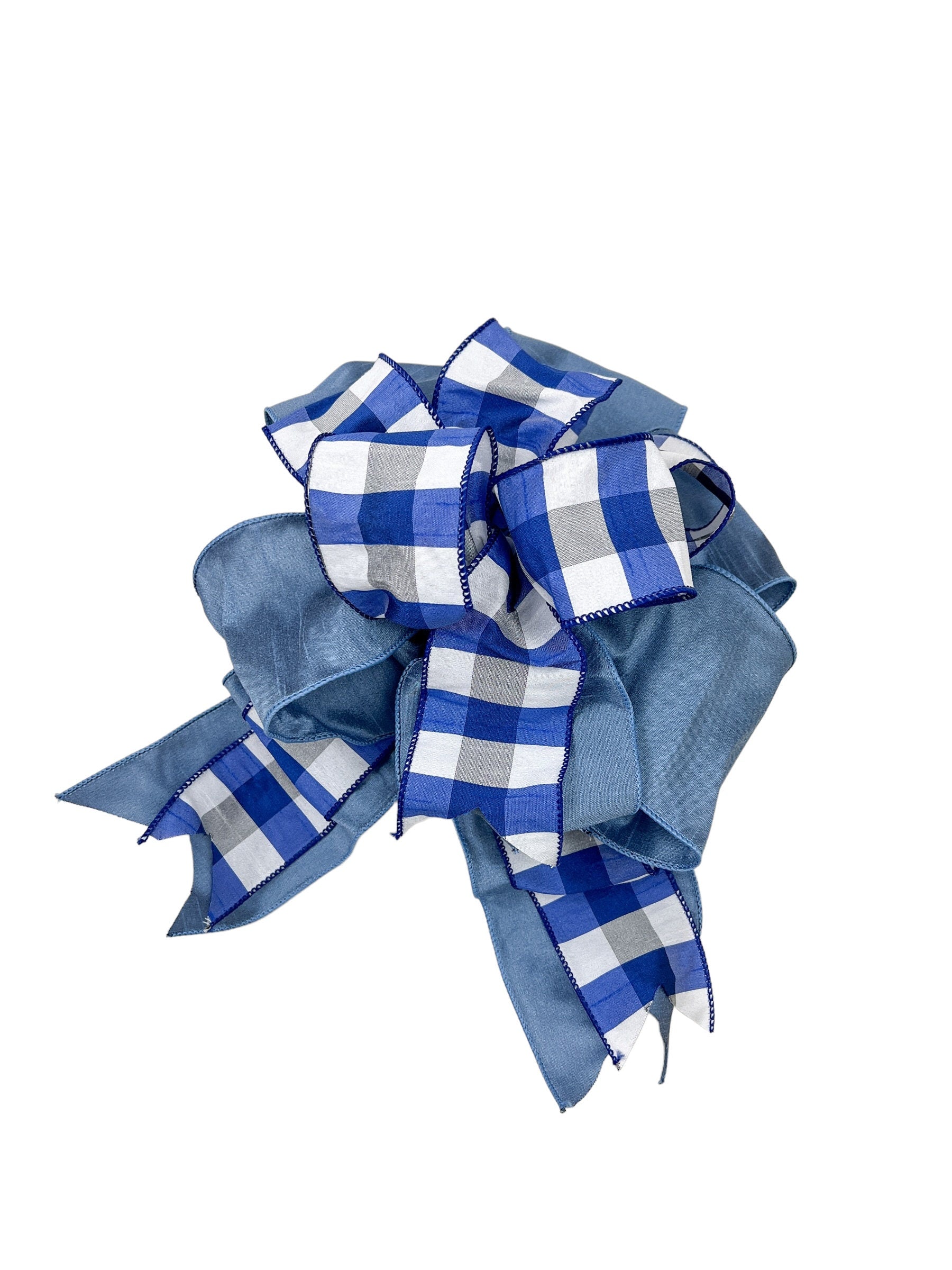 Handmade luxury wreath bow, French blue dupioni and blue gingham check