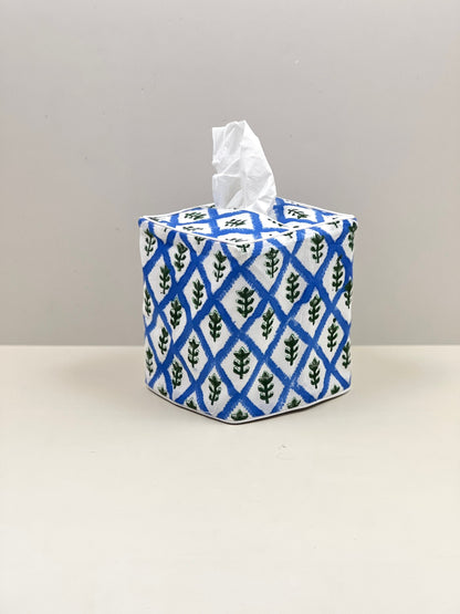 Blue block print tissue cover custom monogram available