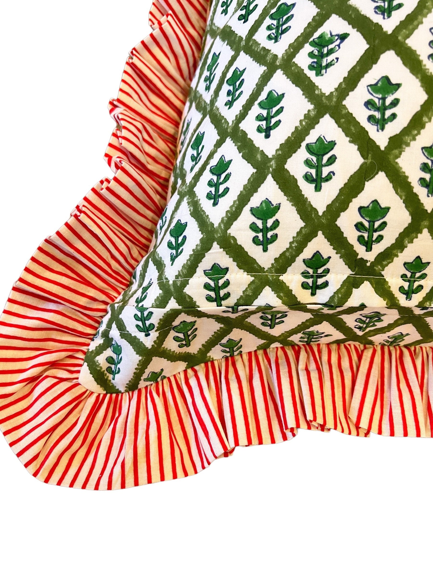 Green block print throw pillow cover with contrasting red stripe ruffle trim, monogram available