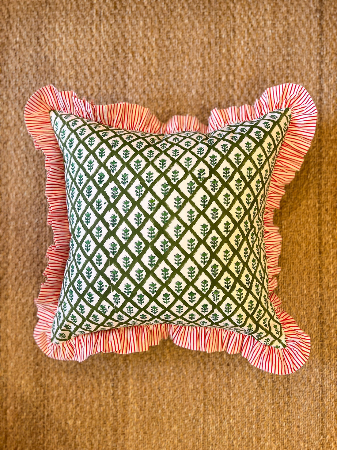 Green block print throw pillow cover with contrasting red stripe ruffle trim, monogram available
