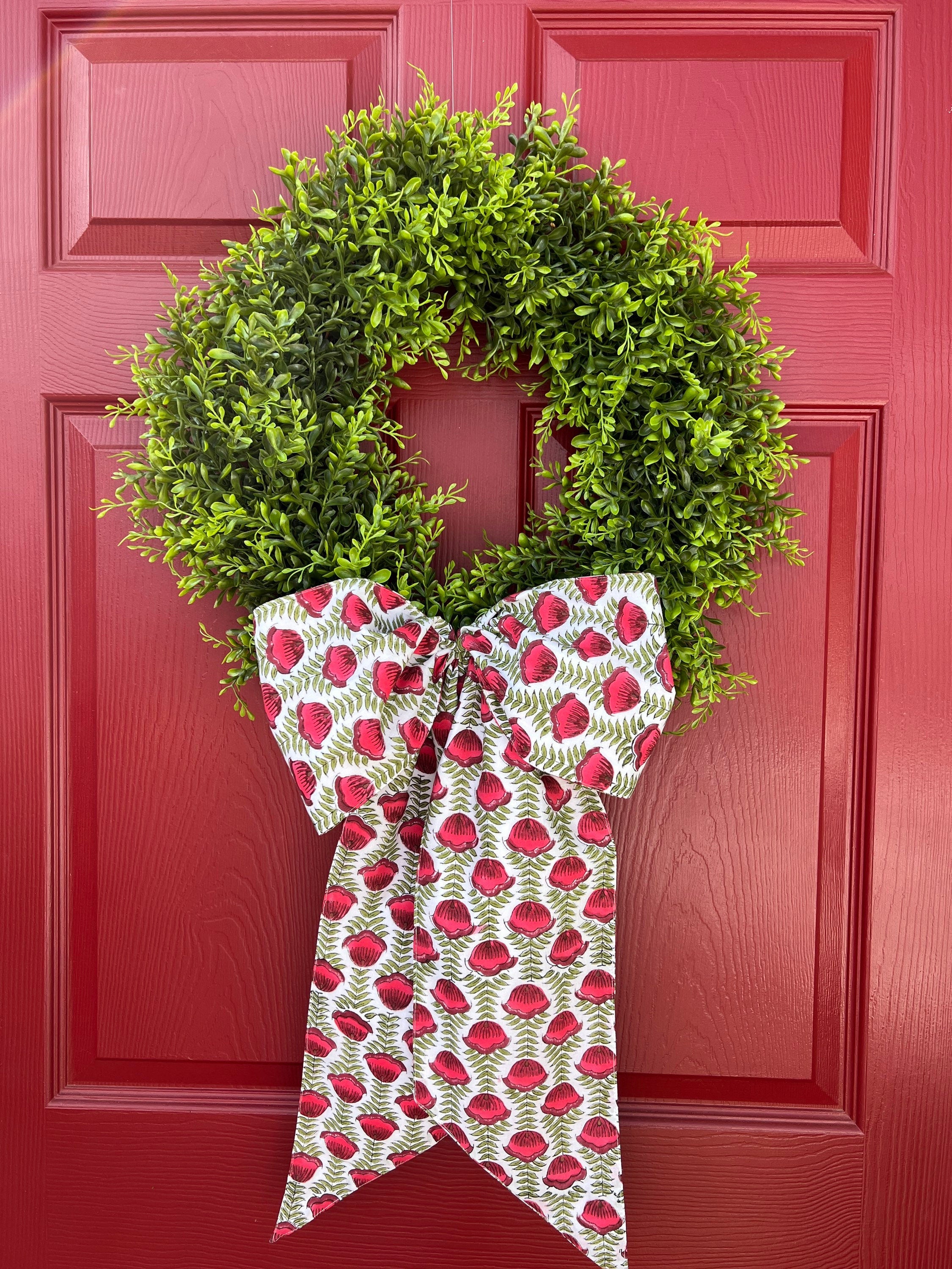 Red and green block print wreath sash, monogram available