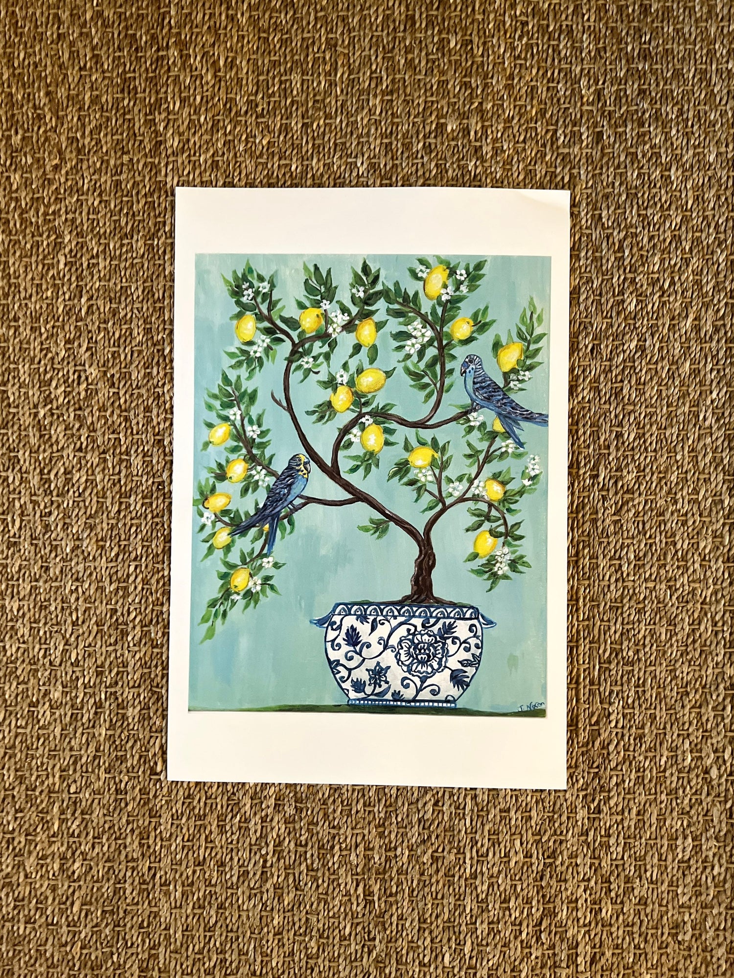 Set of blue and white Chinoiserie lemon tree with bird unframed prints