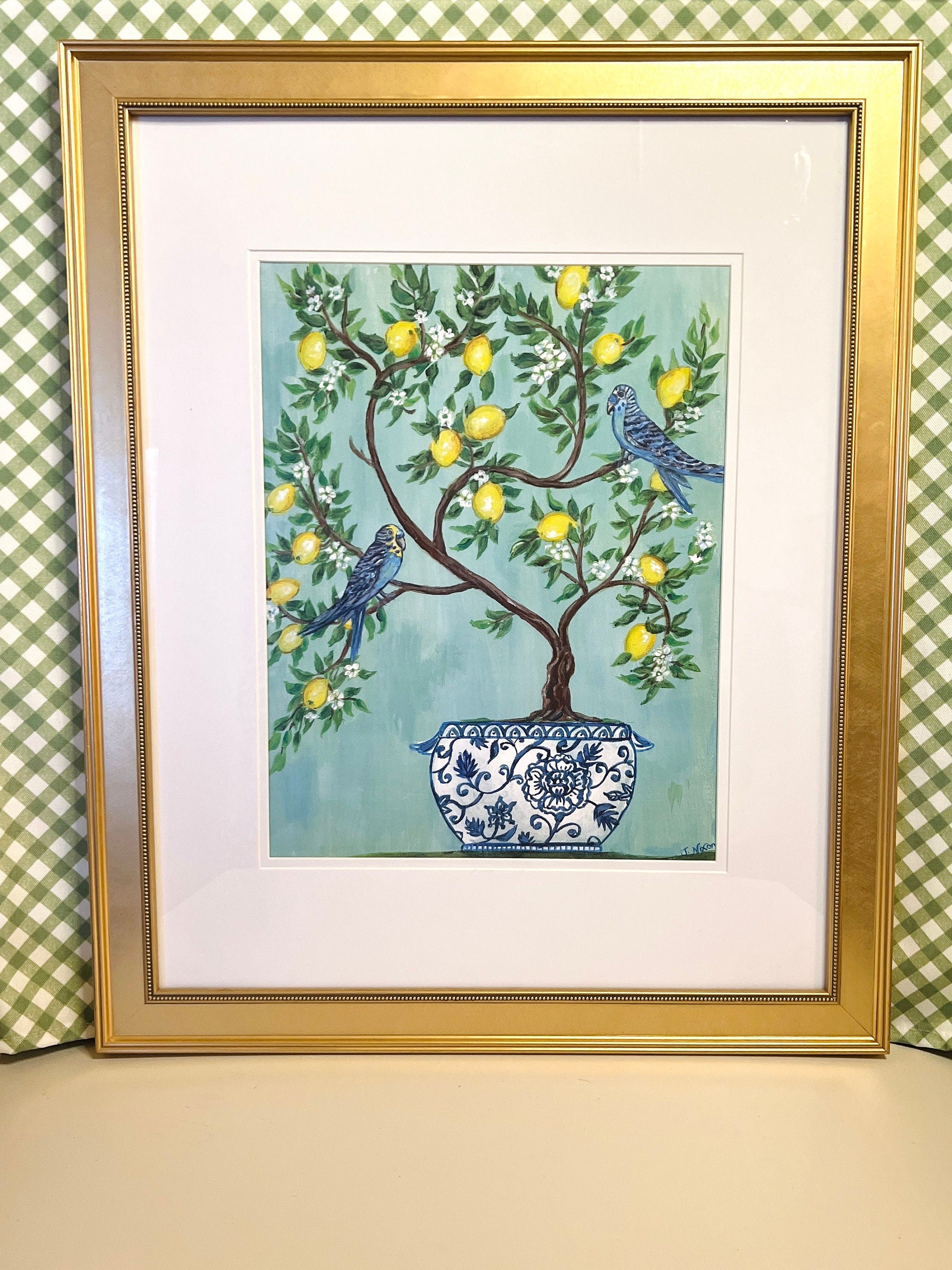 Set of blue and white Chinoiserie lemon tree with bird unframed prints